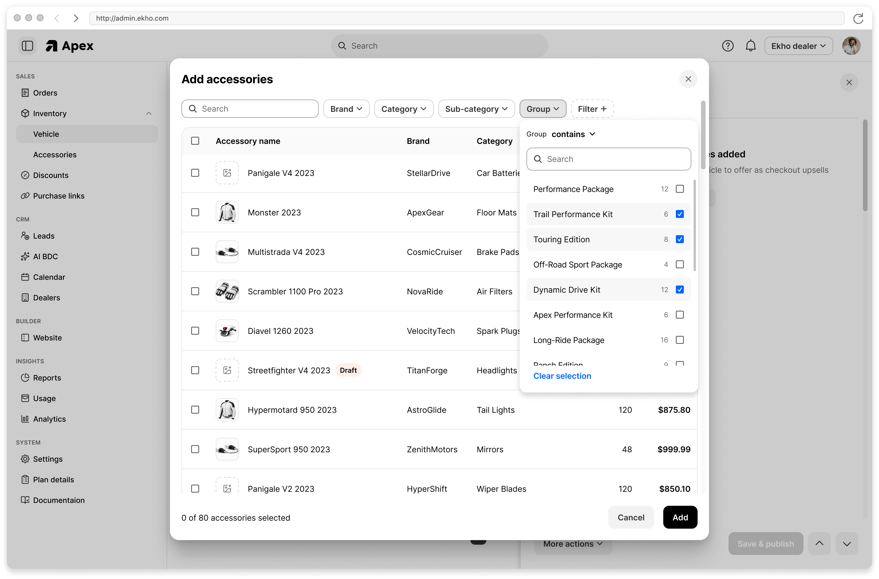Adding accessories to a vehicle from the Inventory CMS, with a group filter dropdown for selecting which accessory groups apply