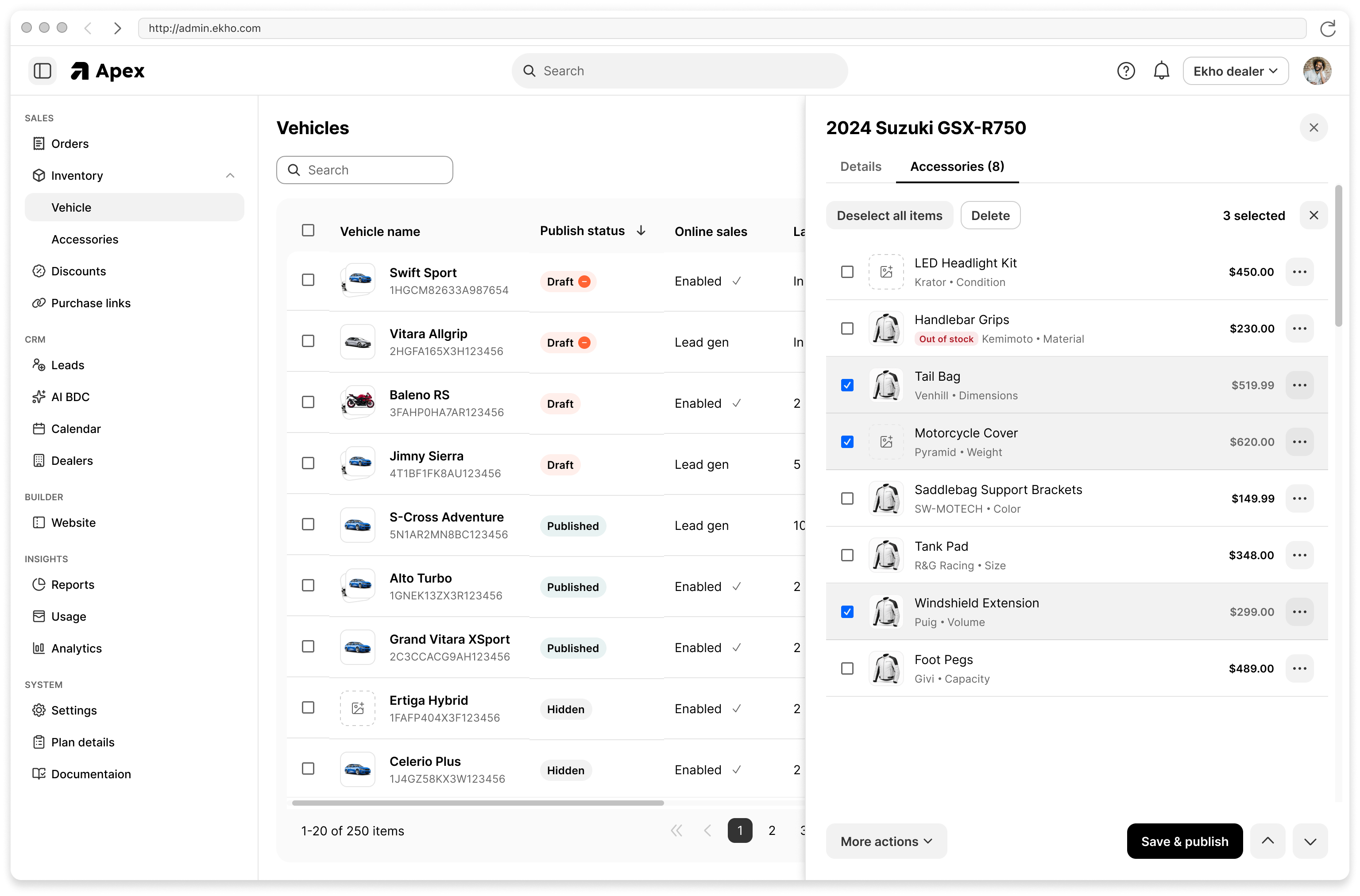 Side panel on a vehicle inventory item showing assigned accessories with selection state