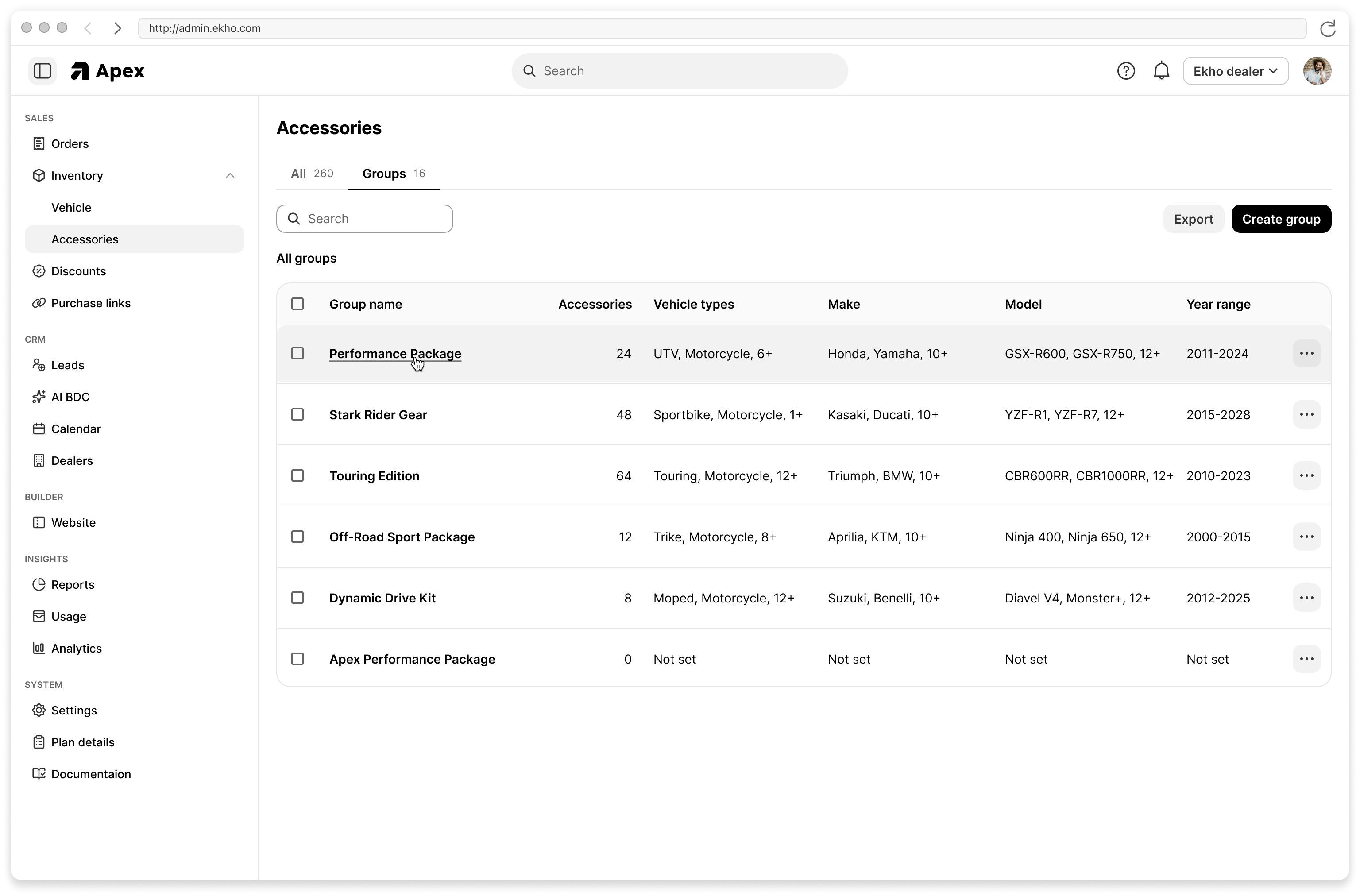 Accessory Groups view in the Admin Portal showing groups defined by vehicle type, make, model, and year range