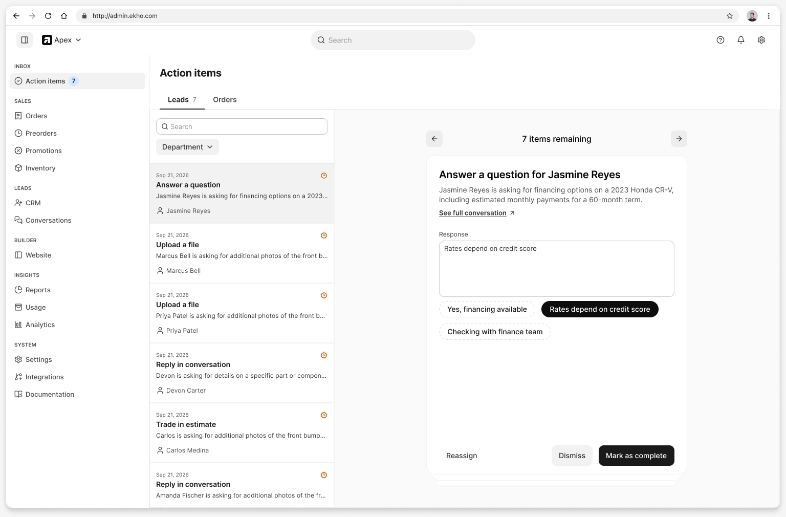 An open Answer a question item in the Action items inbox, with the buyer's financing question, a response field filled from a suggested answer, and a Mark as complete button