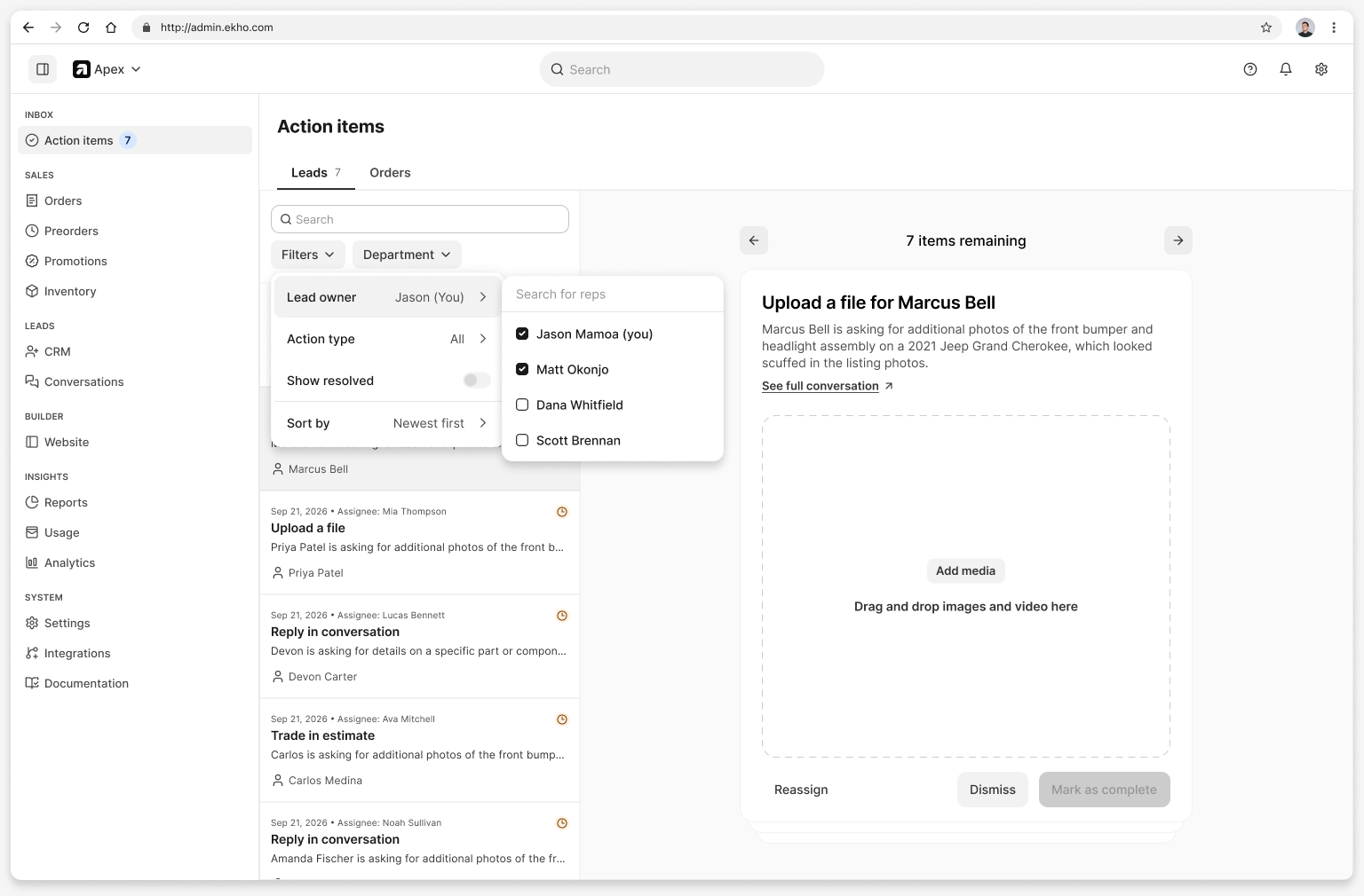 The Action items inbox in the Admin Portal, with the Leads queue on the left and the Filters menu open, showing lead owner, action type, show resolved and sort order, beside an open upload-a-file item