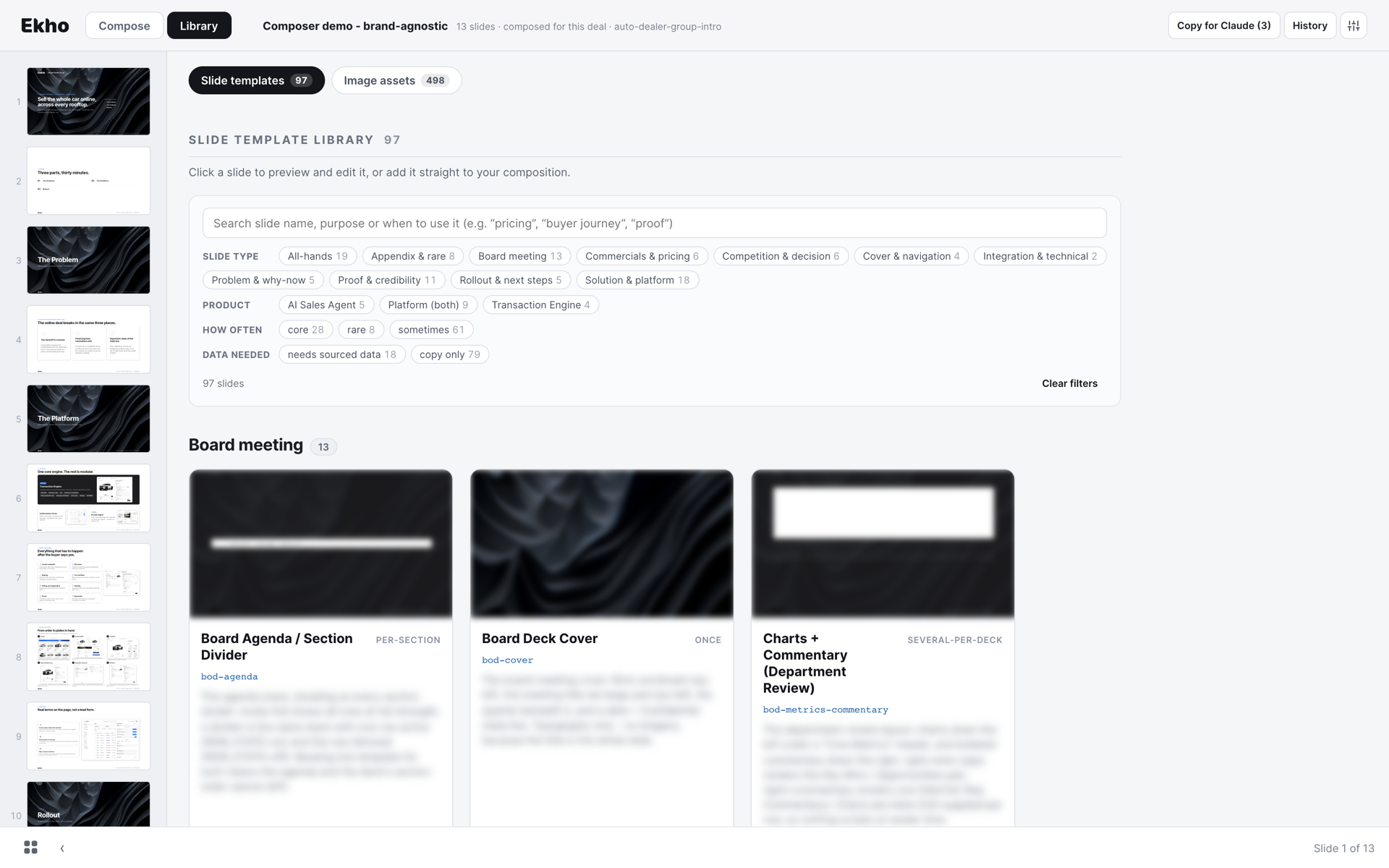 The slide template library in the Ekho deck composer, showing 97 templates filtered by slide type, product, frequency and whether they need sourced data