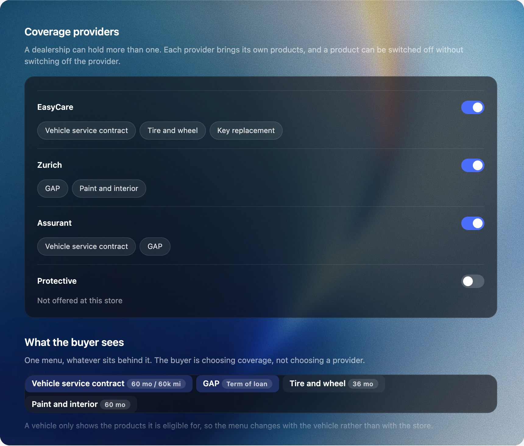 Coverage settings in the Admin Portal listing several F and I providers, each switched on with its own products, above the single coverage menu a buyer sees