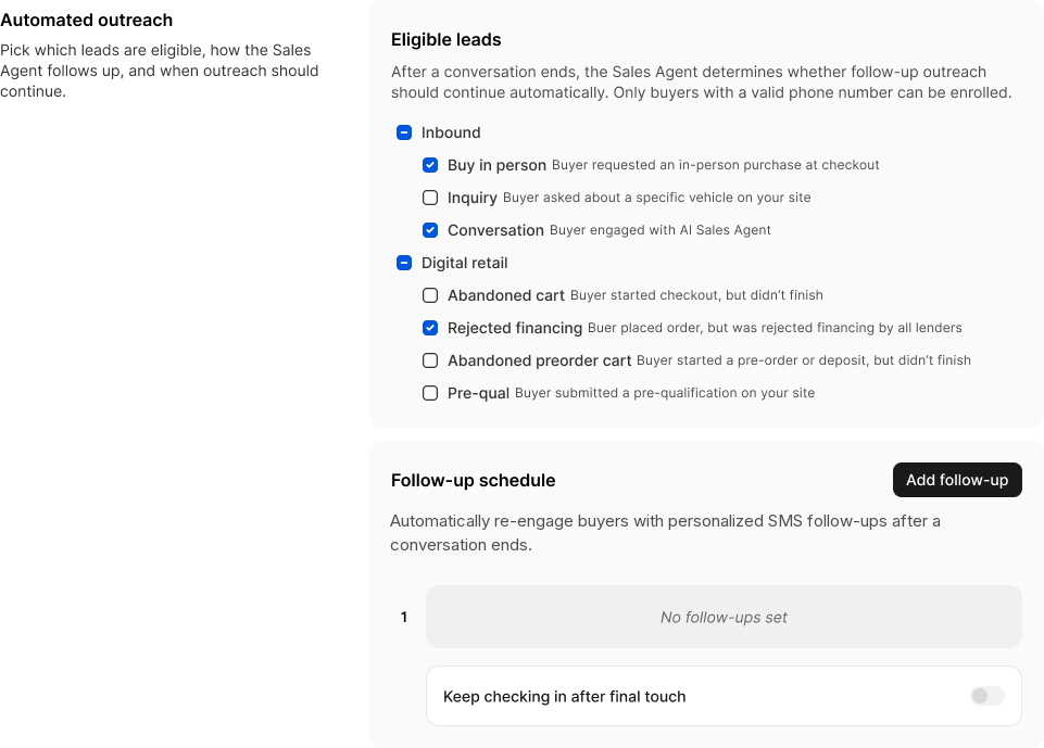 Automated outreach settings showing which leads are eligible for follow-up and the schedule that governs it