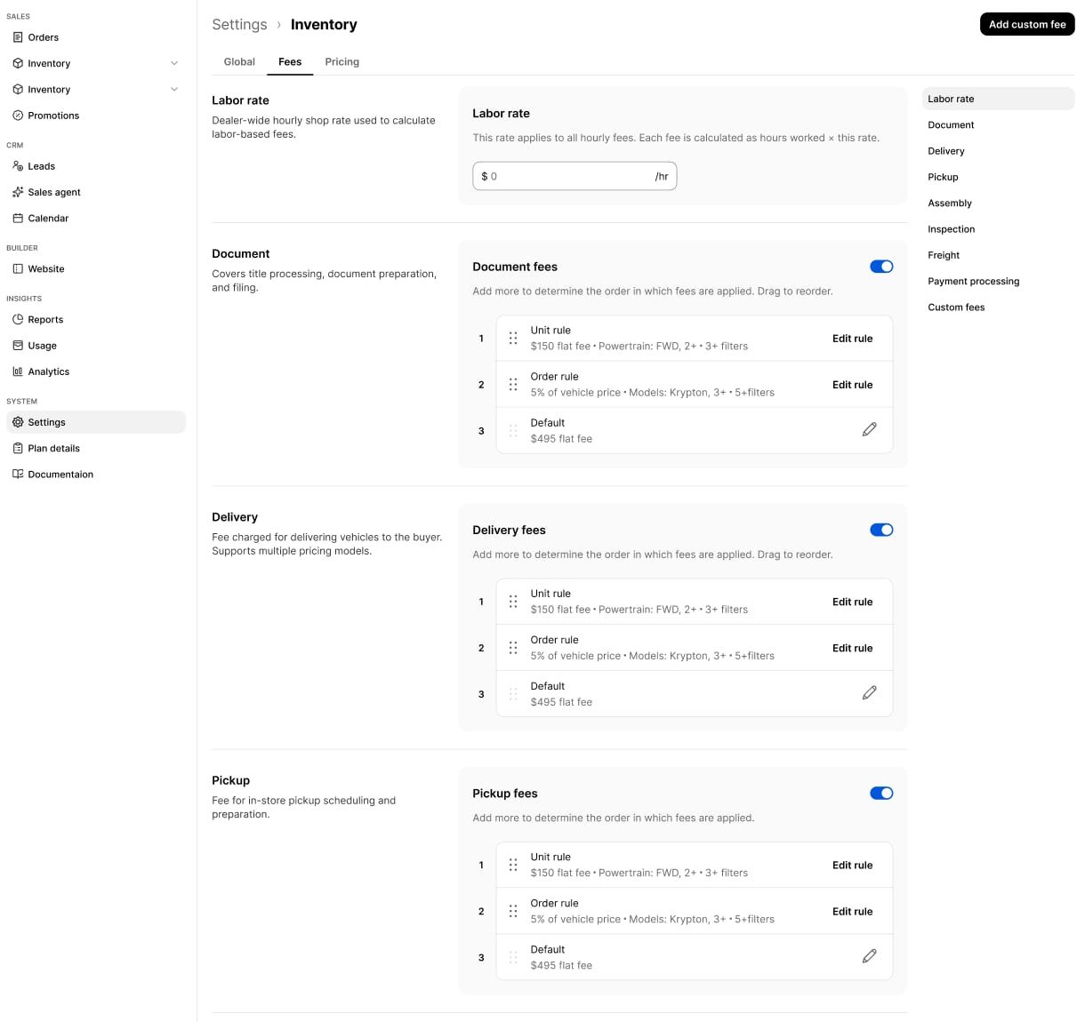 Ekho Admin Portal, Settings, Inventory, Fees tab, showing document, delivery and pickup fee groups, each with an ordered list of rules such as a $150 flat fee for a powertrain slice, 5% of vehicle price for selected models, and a default flat fee.