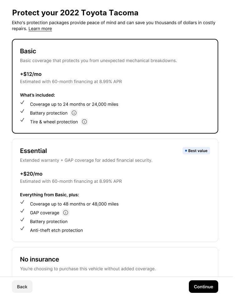 Ekho checkout protection menu showing Basic and Essential coverage packages with monthly prices, and a No insurance option on the same screen.