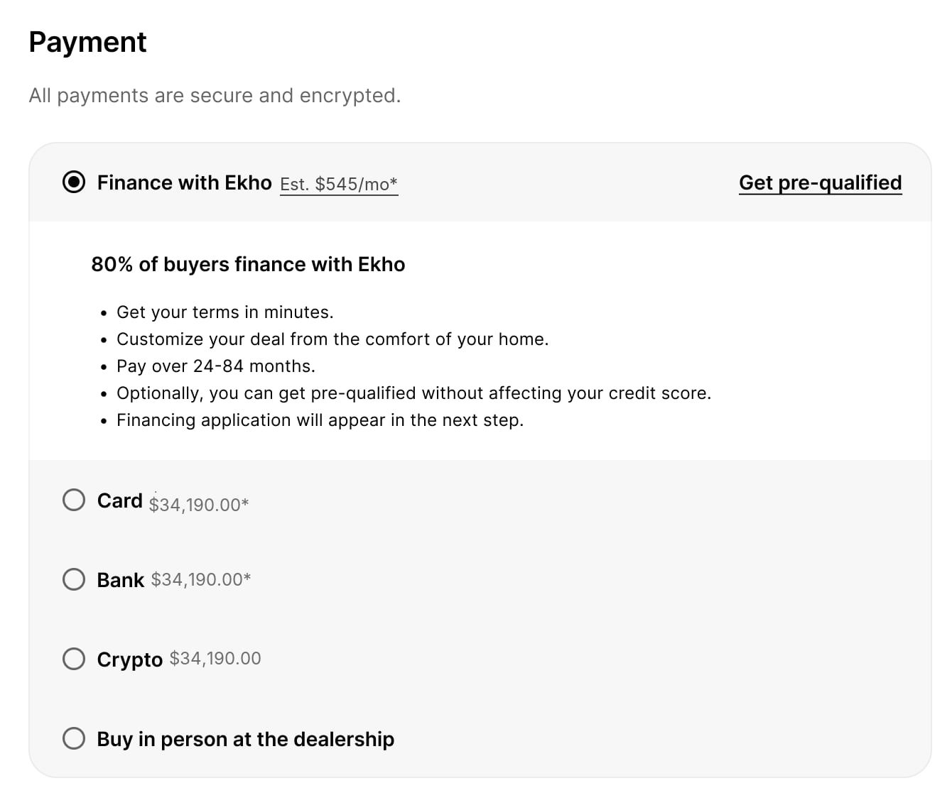 Ekho checkout payment step showing financing, card and bank transfer options all starting from the same $34,190 total for a 2022 Toyota Tacoma.