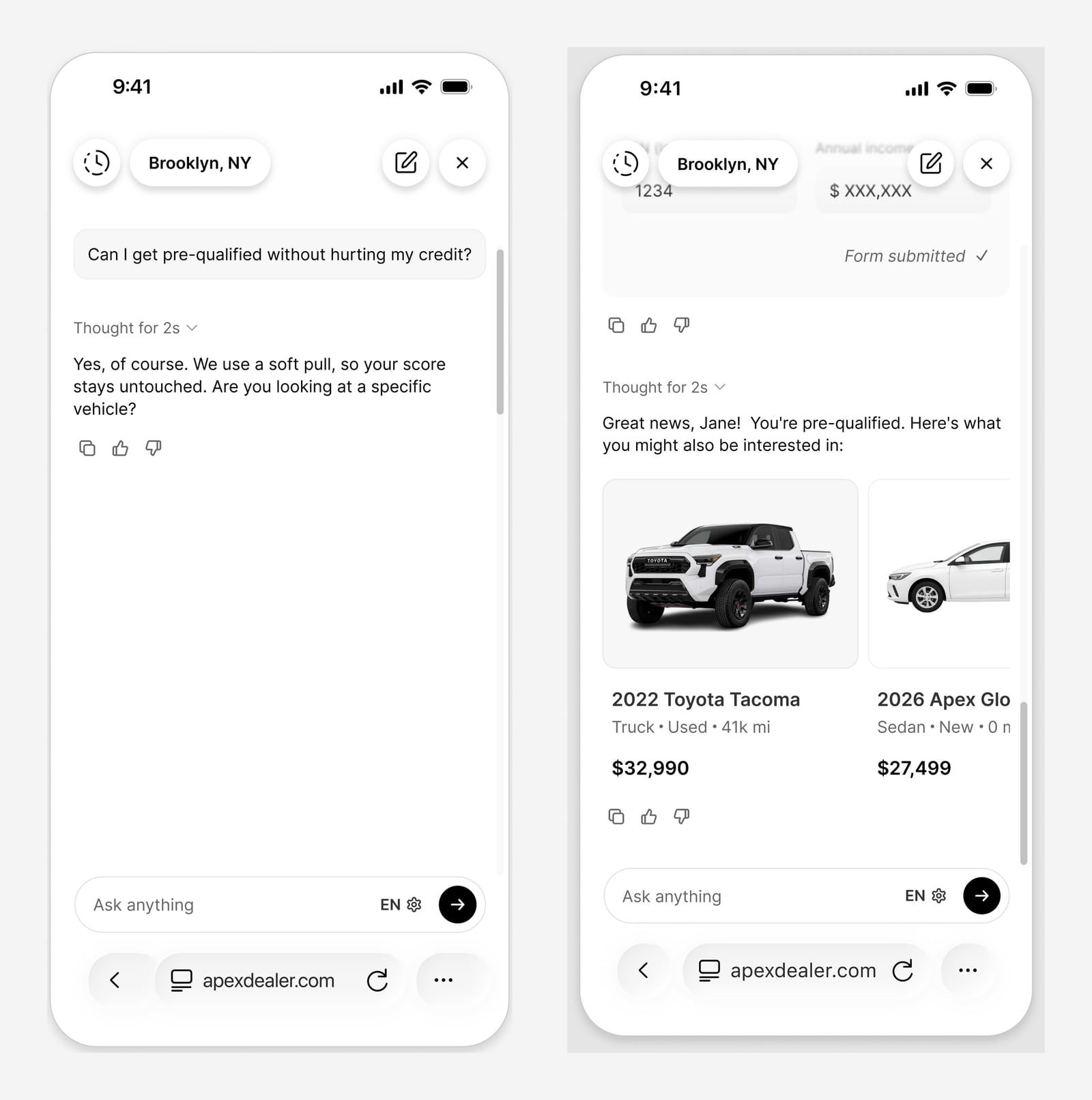 Two phone screens of the Ekho AI Sales Agent on a dealer website: on the left a buyer asks whether they can get pre-qualified without hurting their credit and the agent explains the soft pull; on the right the agent confirms the buyer is pre-qualified and shows two in-stock vehicles with prices.