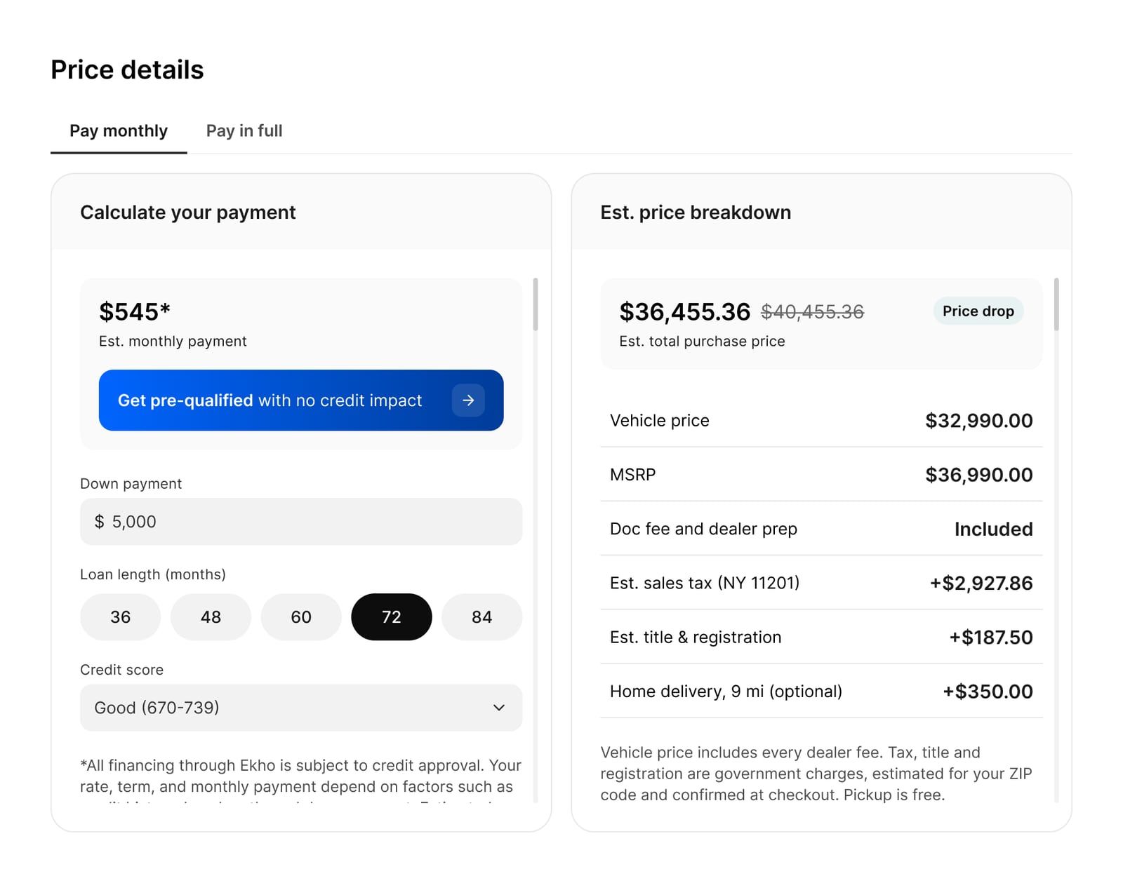 Price details panel on an Ekho vehicle page, pay monthly tab: a $545 estimated payment with a pre-qualification link on the left, and on the right an estimated total of $36,455.36 broken into vehicle price $32,990, MSRP $36,990, doc fee and dealer prep included, estimated sales tax, estimated title and registration, and optional home delivery.