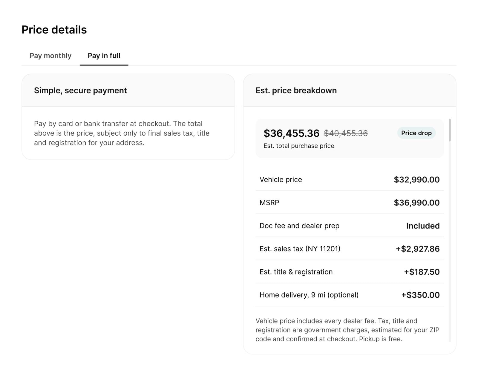 The same Ekho price details panel on the pay in full tab, with the identical estimated total and line items and a note that card and bank transfer are accepted at checkout.