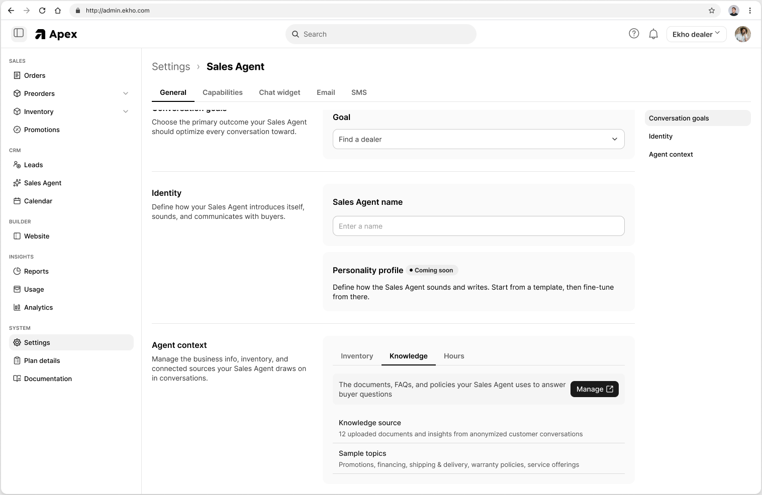 Sales Agent settings showing the agent context tab, where uploaded documents and past conversations are listed as the sources the agent answers from
