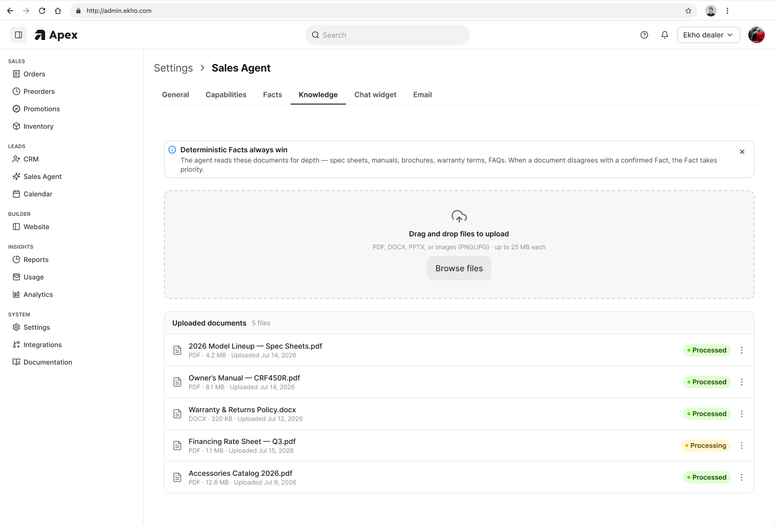 The Knowledge screen in the Admin Portal, with a drag and drop upload area above a list of processed documents including a model lineup, an owner manual, a warranty policy and a financing rate sheet