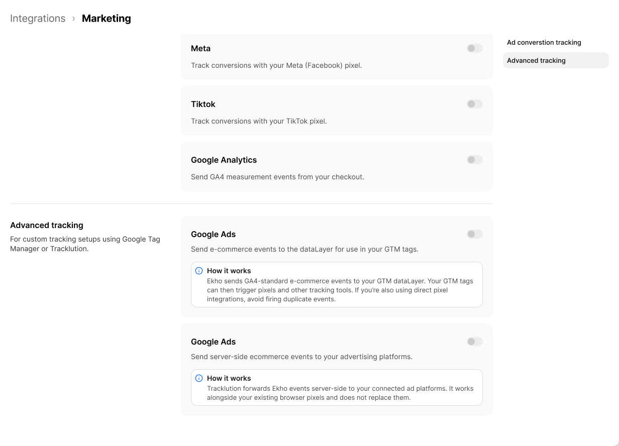 Marketing integrations in the Admin Portal listing Meta, TikTok, Google Analytics and Google Ads, with an advanced tracking section for Google Tag Manager and Tracklution