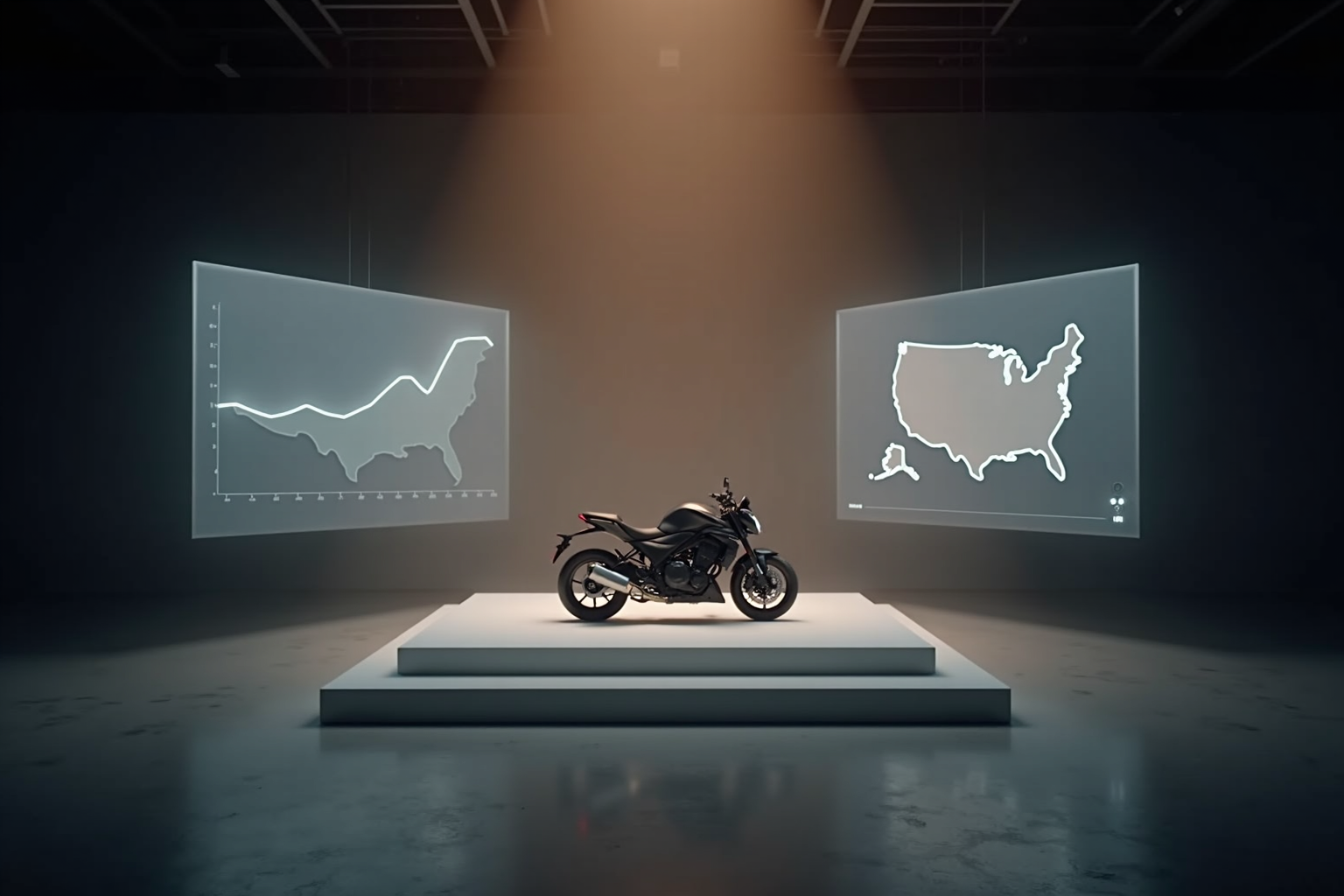 A modern motorcycle on a display platform surrounded by abstract data visualizations, illustrating modular vehicle commerce architecture