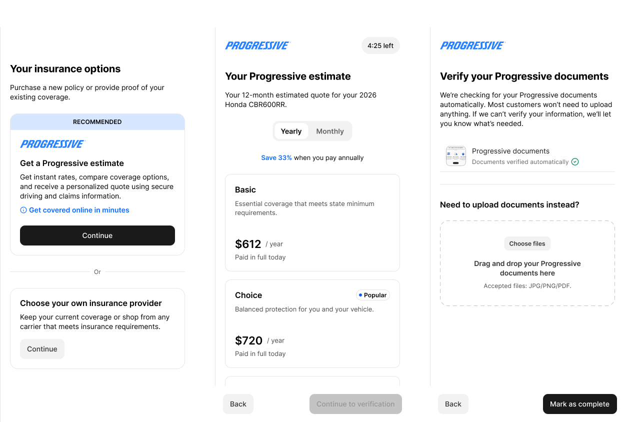 Three mobile screens showing the Progressive quote flow inside Ekho checkout