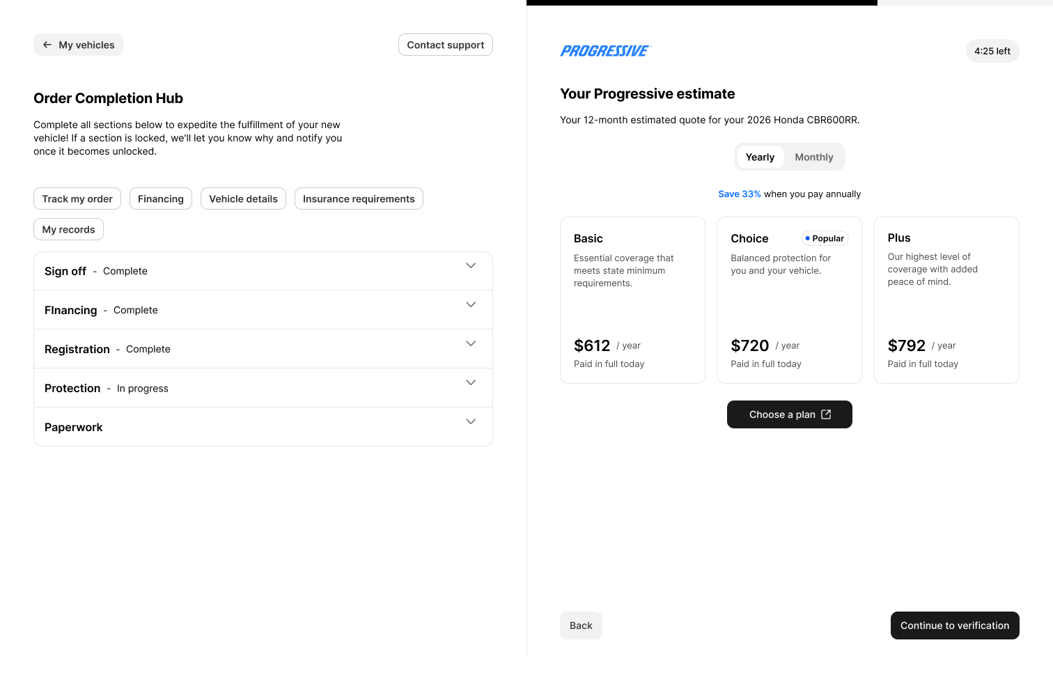 Ekho checkout screen showing a Progressive insurance quote with coverage tiers and payment options