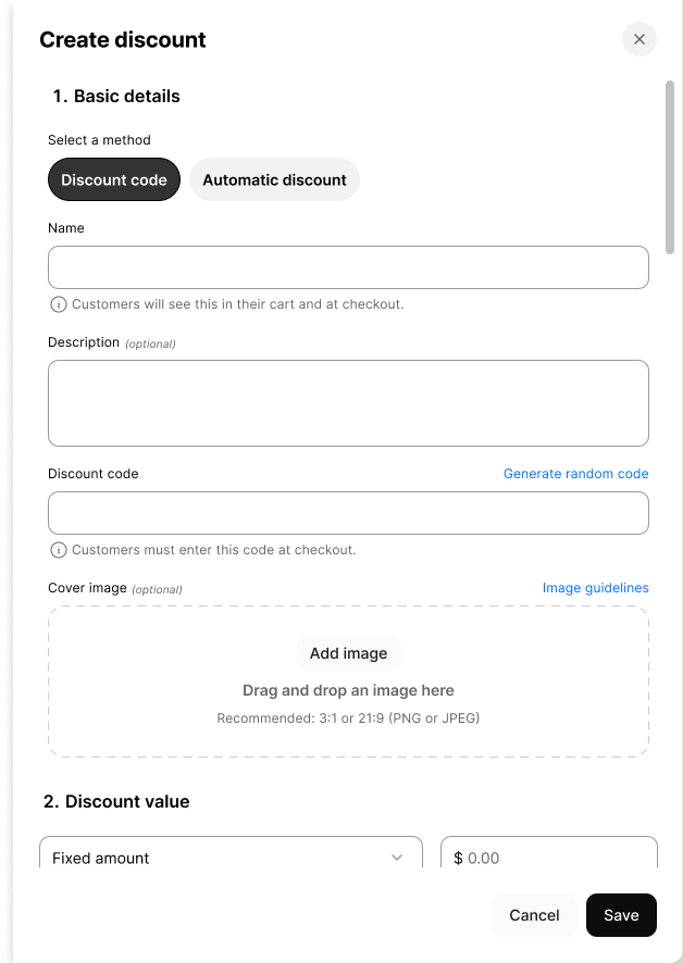 Creating a promotion in the Admin Portal, choosing between a discount code and an automatic discount, then naming it and setting its value