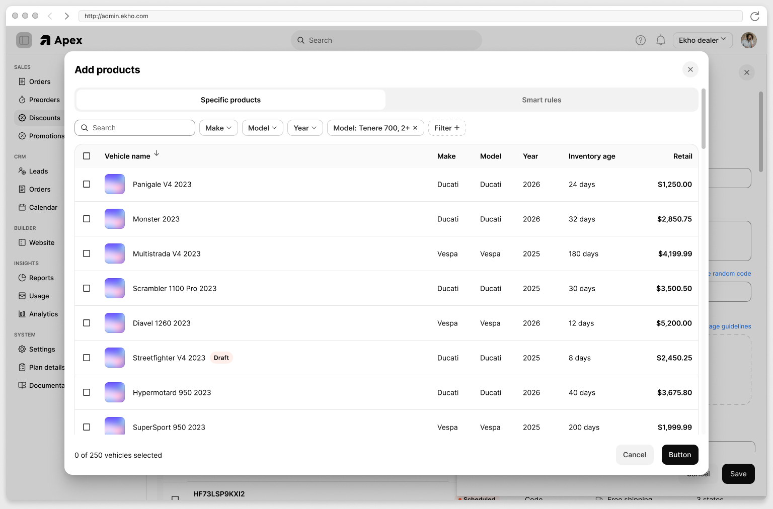 Selecting which vehicles a promotion applies to from the dealership inventory list
