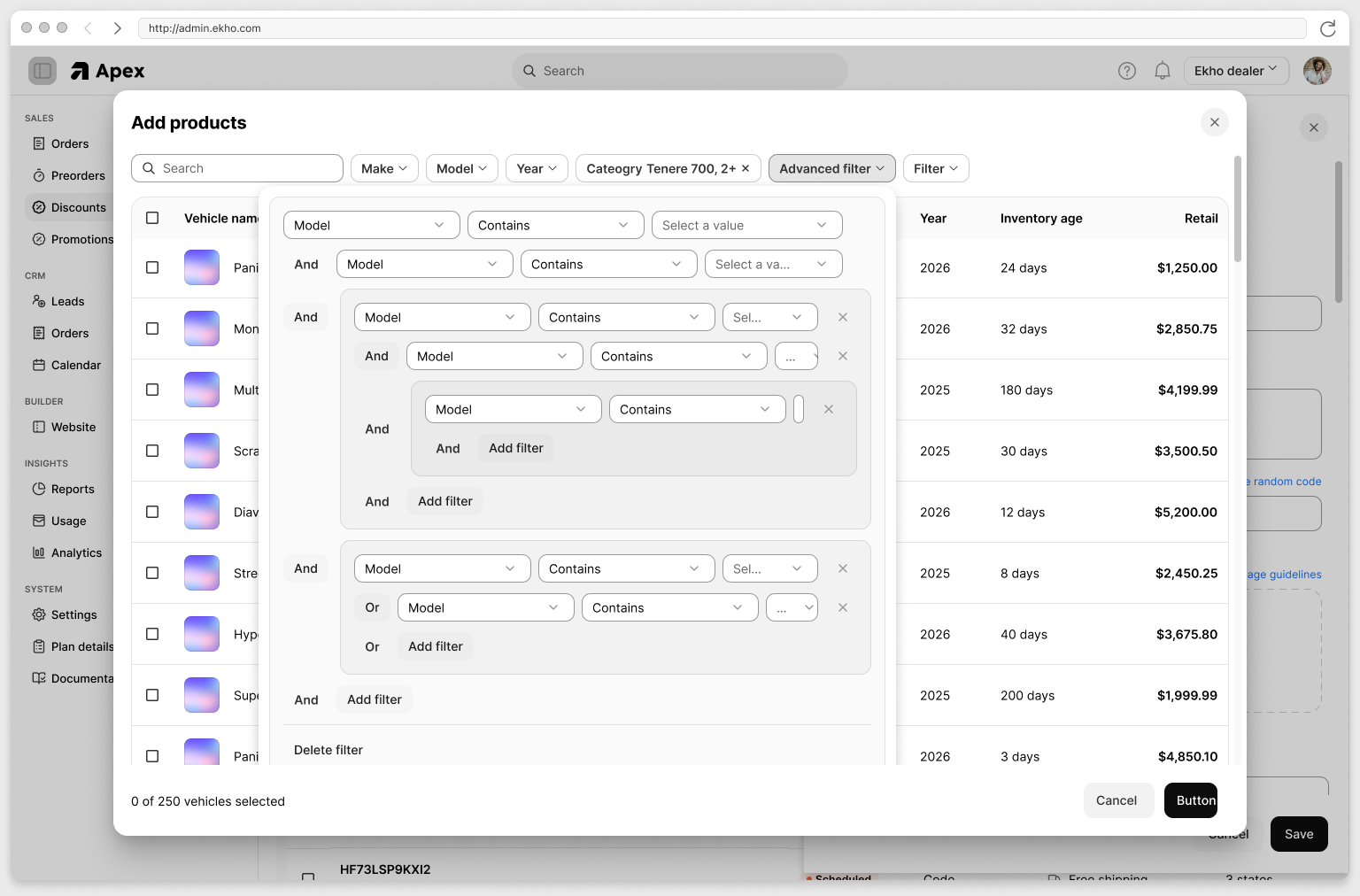 Building rules that select inventory by make, model and year, with the matching vehicles listed beside the rules