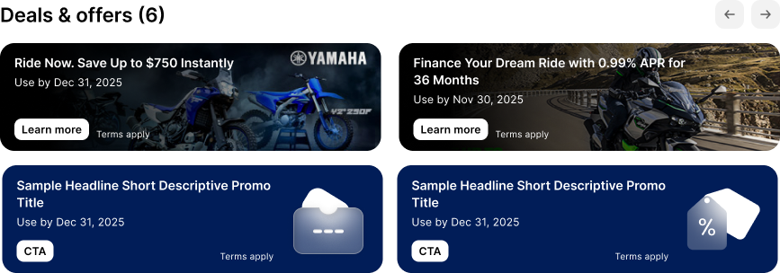 A Deals and offers section on a vehicle page showing four promotion cards a buyer can apply