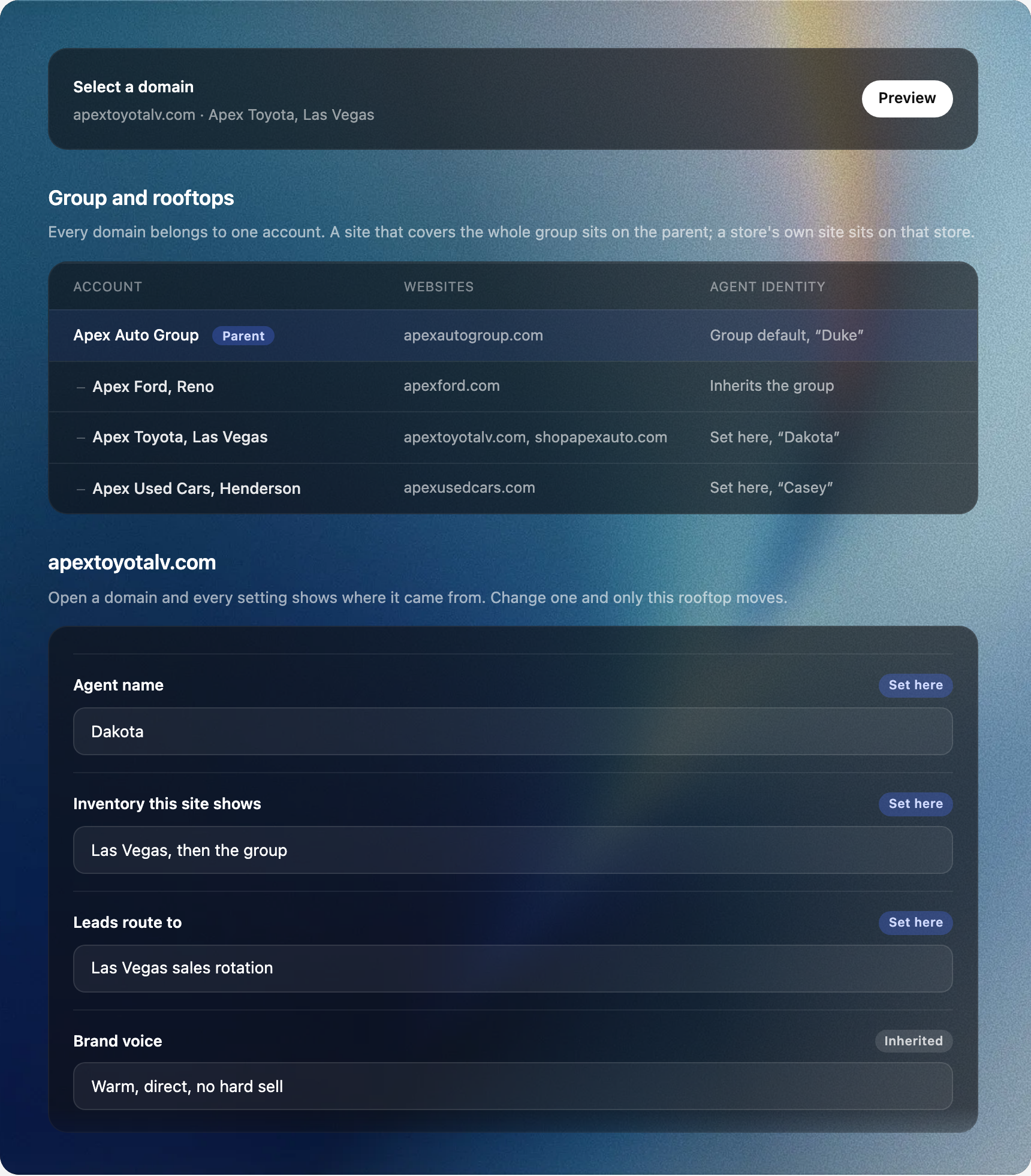 Chat widget settings in the Admin Portal showing a parent group account above three rooftop accounts, each with its own websites and agent identity, and a panel of settings marked either Set here or Inherited