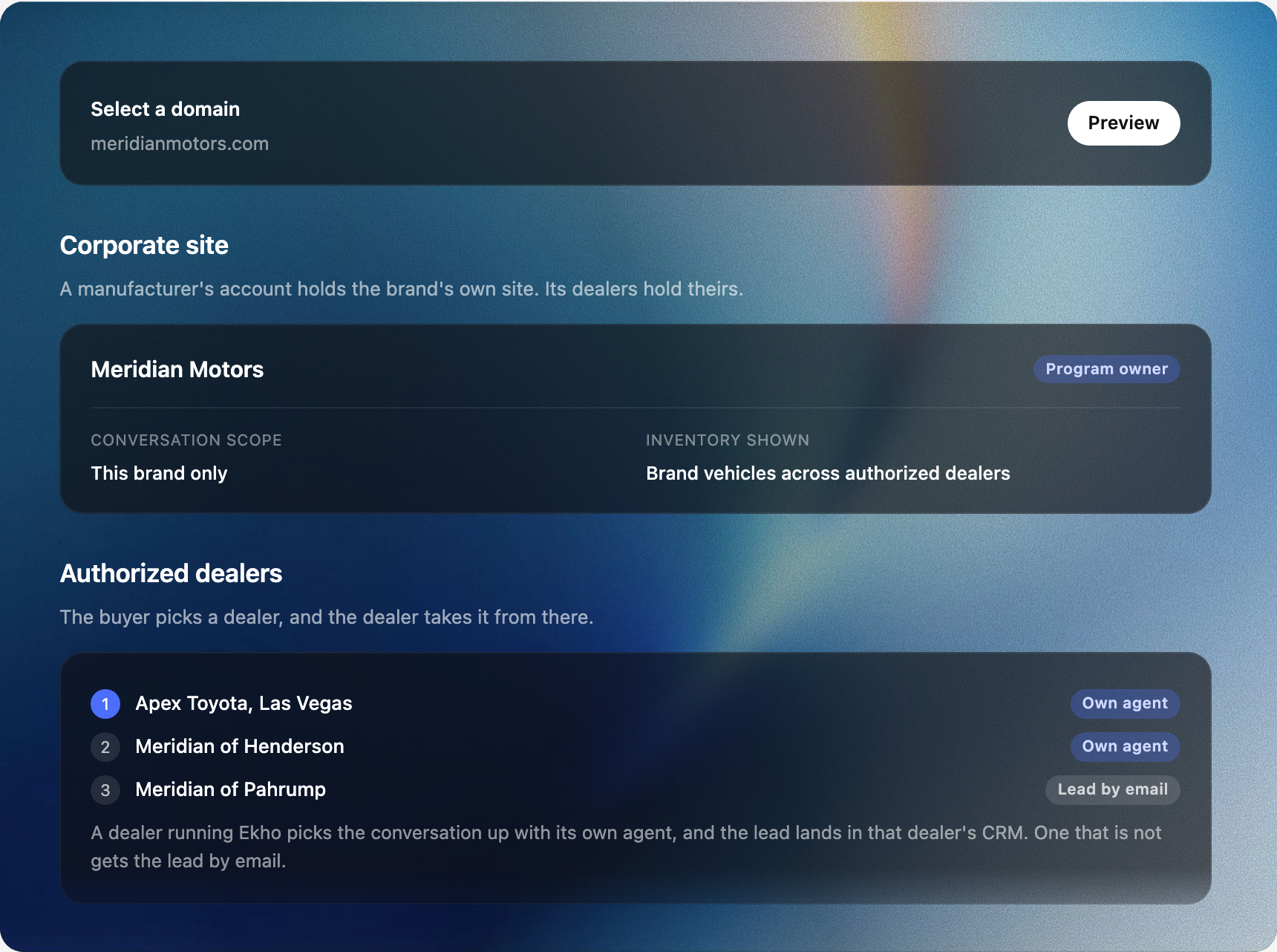 Chat widget settings in the Admin Portal showing a manufacturer's corporate domain tagged Program owner, scoped to one brand, above a list of authorized dealers marked either Own agent or Lead by email