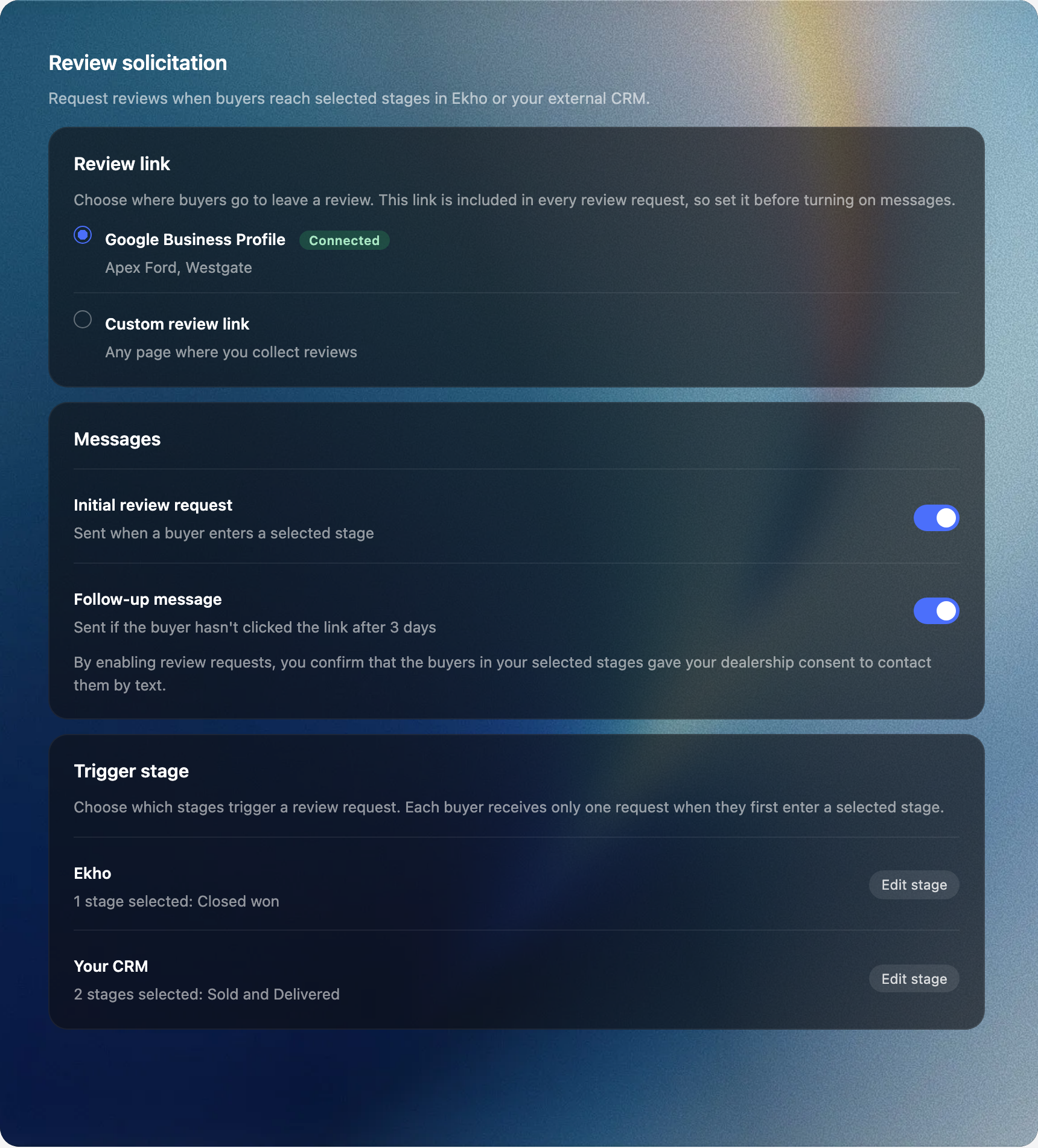 The Review solicitation section in Admin Portal settings: a review link card with Google Business Profile connected, two message toggles, and the stages that trigger a request