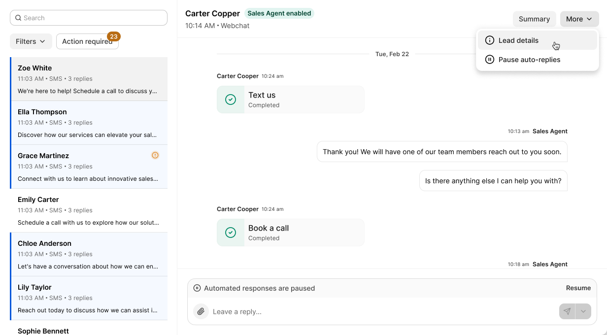 The Conversations screen in the Admin Portal, with a list of SMS threads on the left and one buyer conversation open on the right, showing the reply box with an attachment button and a notice that automated responses are paused