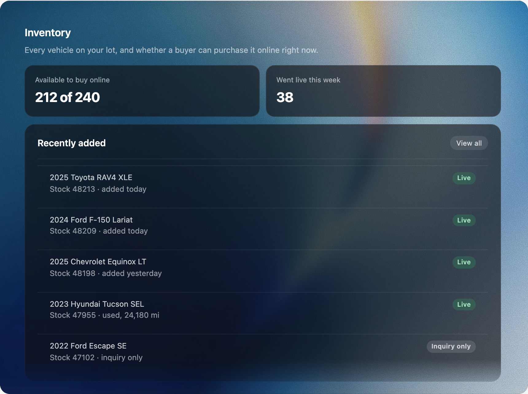 The Inventory view in the Admin Portal showing how many vehicles are available to buy online, how many went live this week, and recently added vehicles marked Live