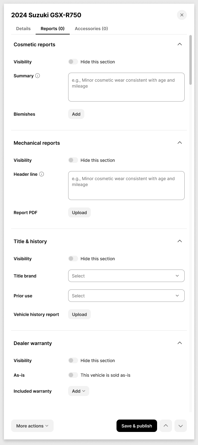 The Reports tab on a used vehicle in the Admin Portal, with sections for cosmetic reports, mechanical reports, title and history, and dealer warranty, each with its own visibility toggle