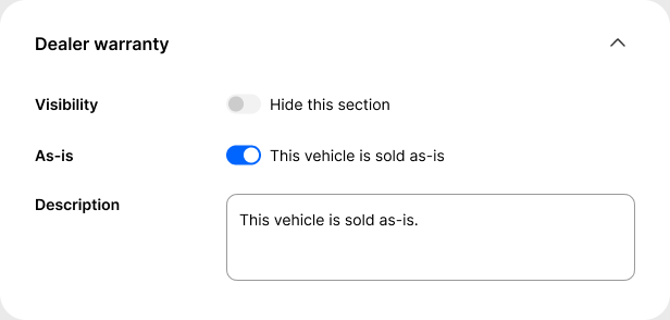 The dealer warranty section with an as-is toggle switched on and a description field reading that the vehicle is sold as-is