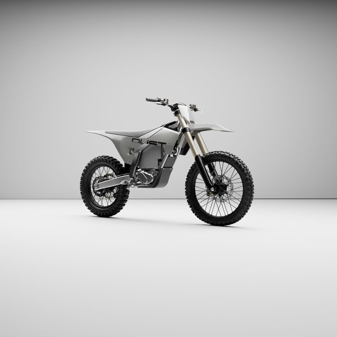 A Dust Moto Hightail electric dirt bike photographed in a studio