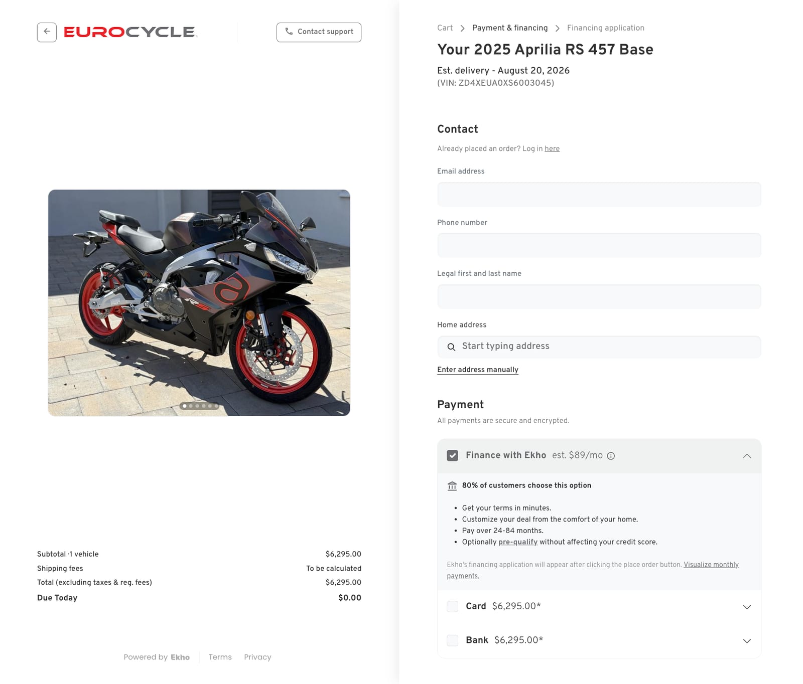 EuroCycle-branded Ekho checkout with contact details, financing, card and bank payment options and an order summary