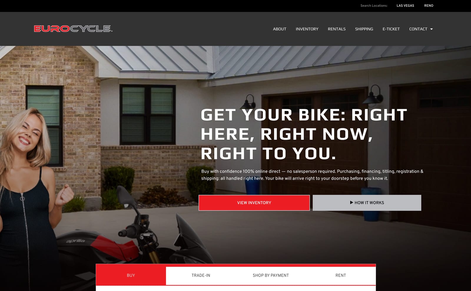 EuroCycle homepage leading with buying online, financing, titling, registration and shipping