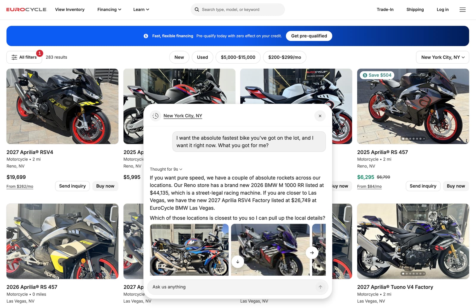 Ekho AI Sales Agent on EuroCycle's inventory page recommending specific motorcycles in Reno and Las Vegas with photos and prices