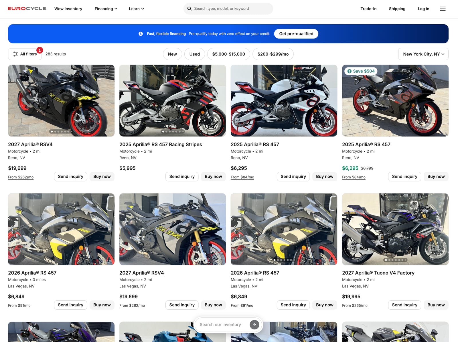 EuroCycle search results with a Buy now button on every listing alongside Send inquiry