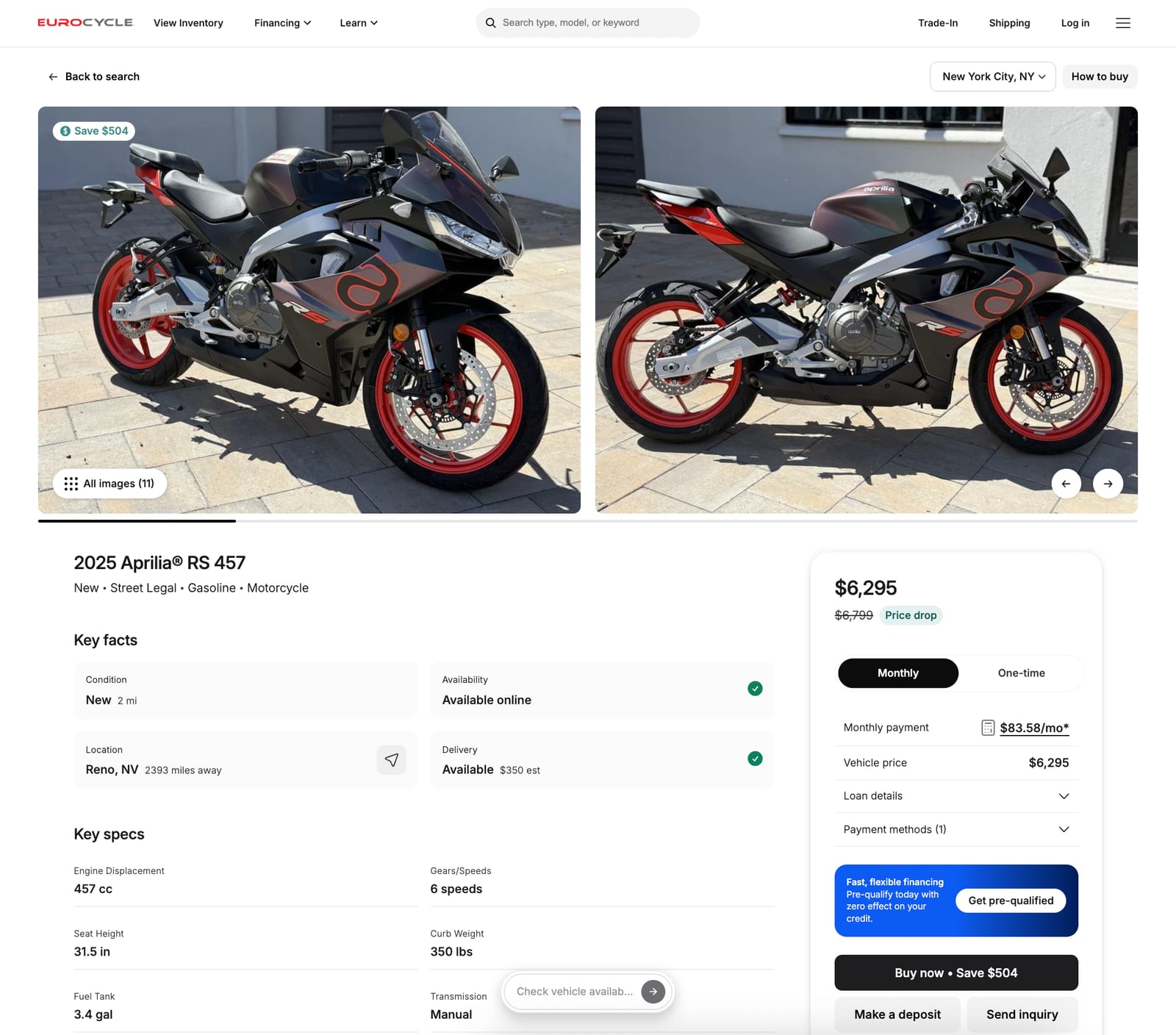 EuroCycle vehicle detail page with Buy now beside the payment options and pre-qualification