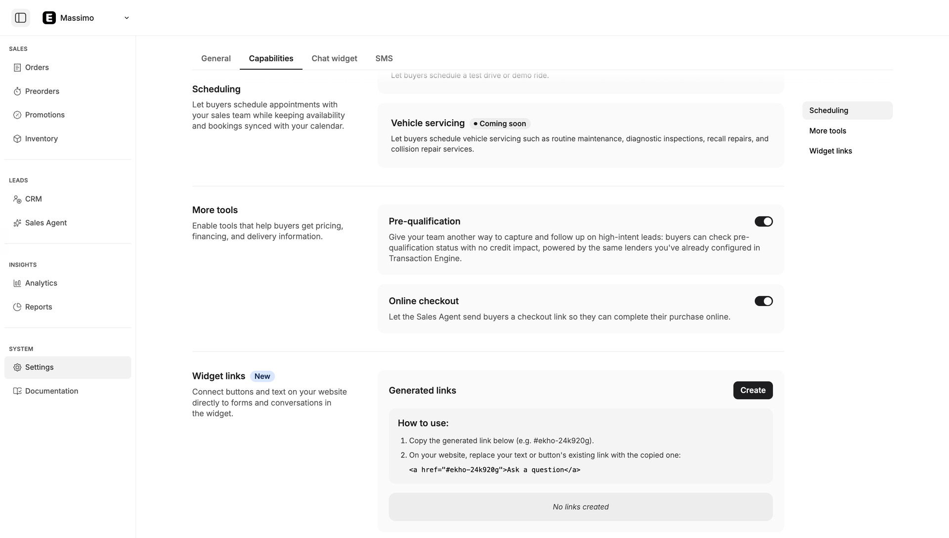 Ekho admin portal showing which Sales Agent capabilities are enabled for Massimo