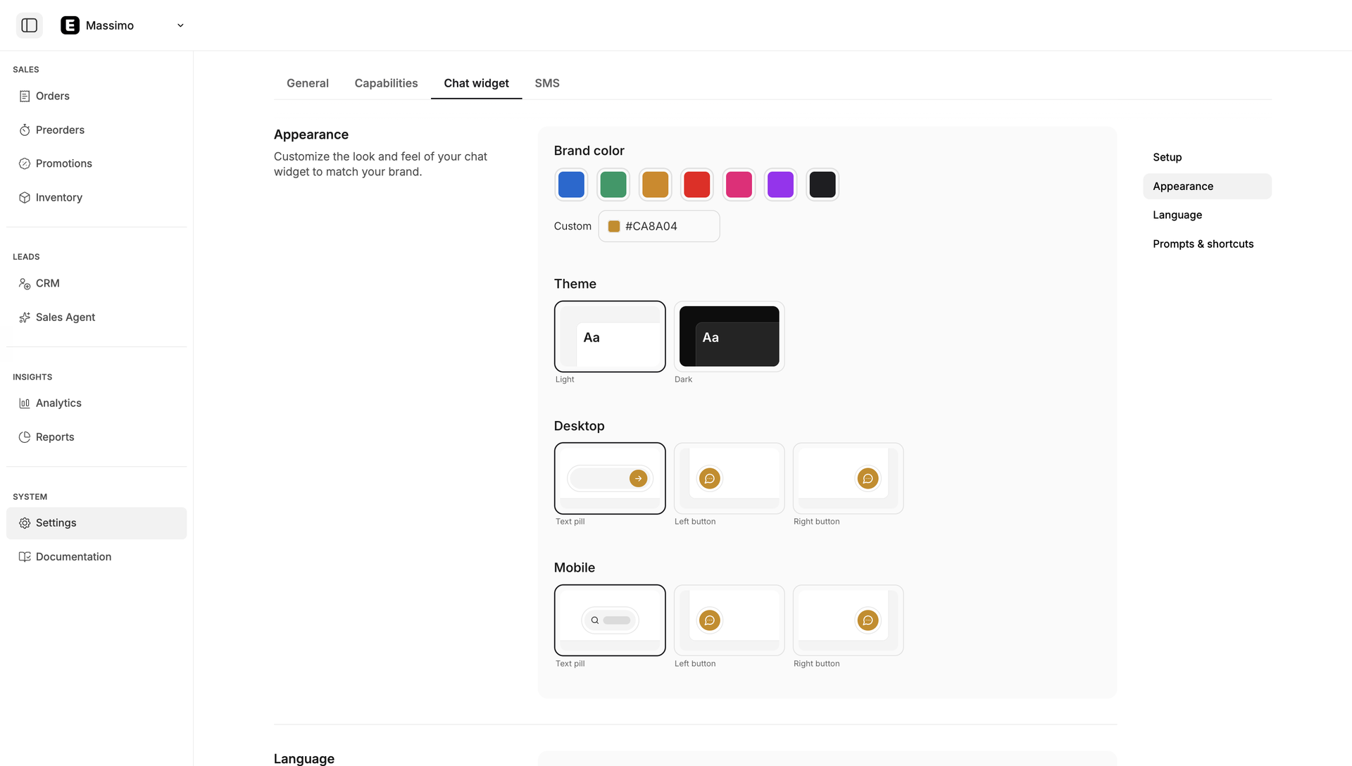Ekho admin portal showing the chat widget appearance settings, with Massimo brand colour and placement options