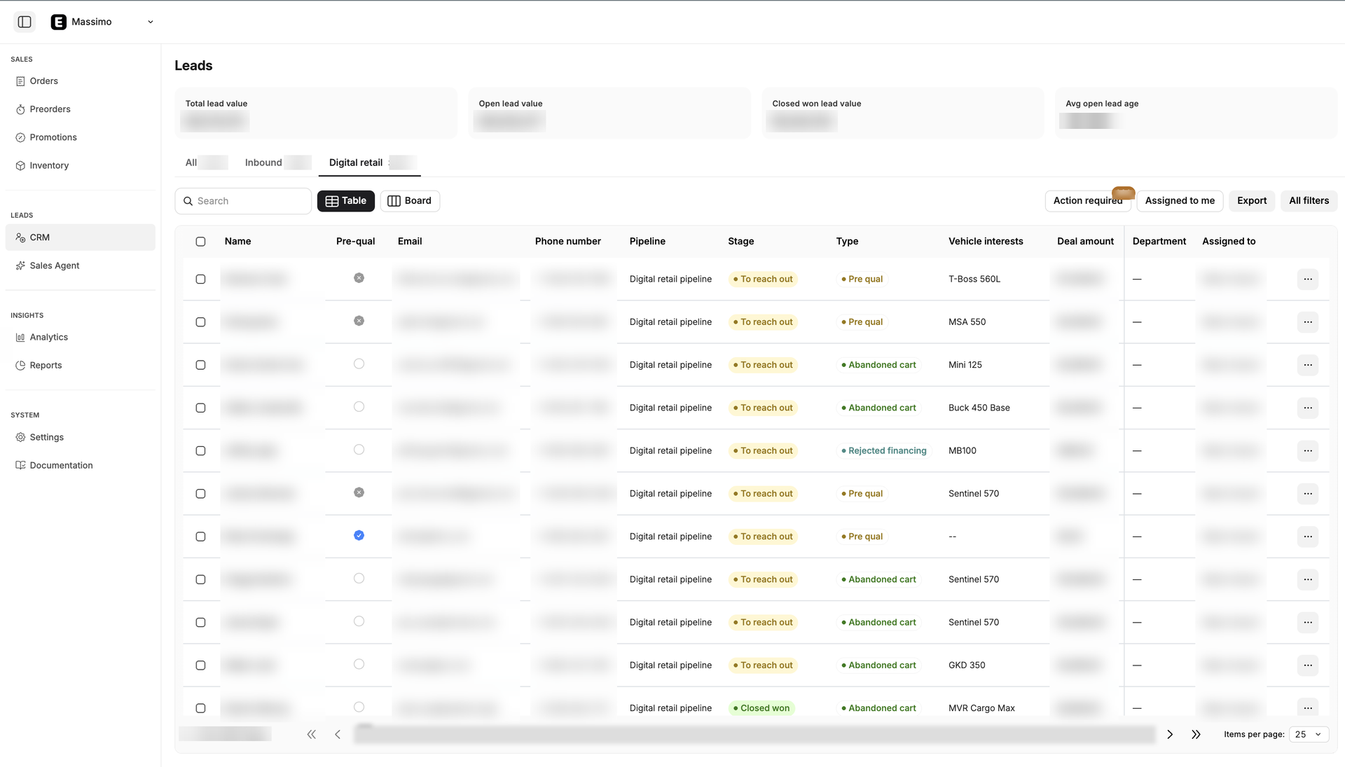 Ekho admin portal showing the CRM lead table with leads typed by intent