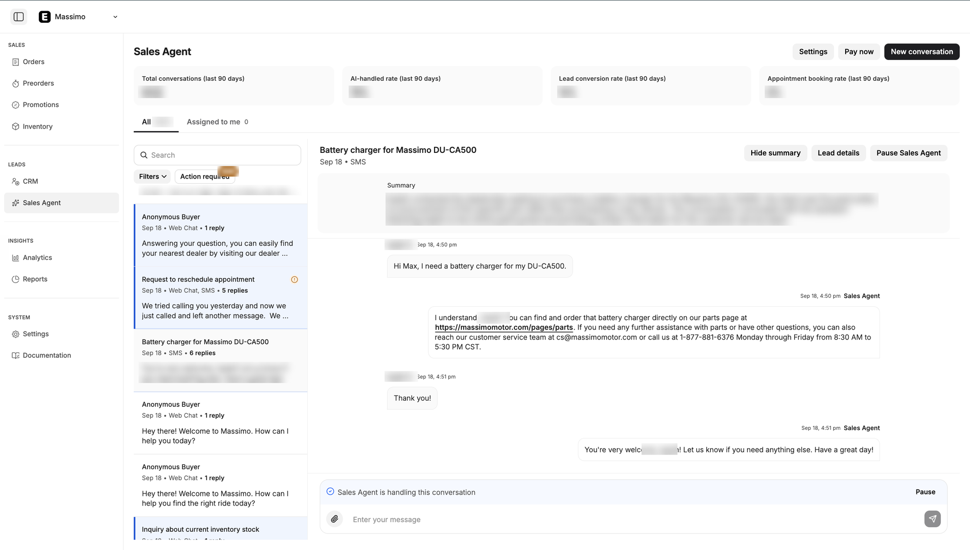 Ekho admin portal showing the Sales Agent inbox with an AI-written conversation summary