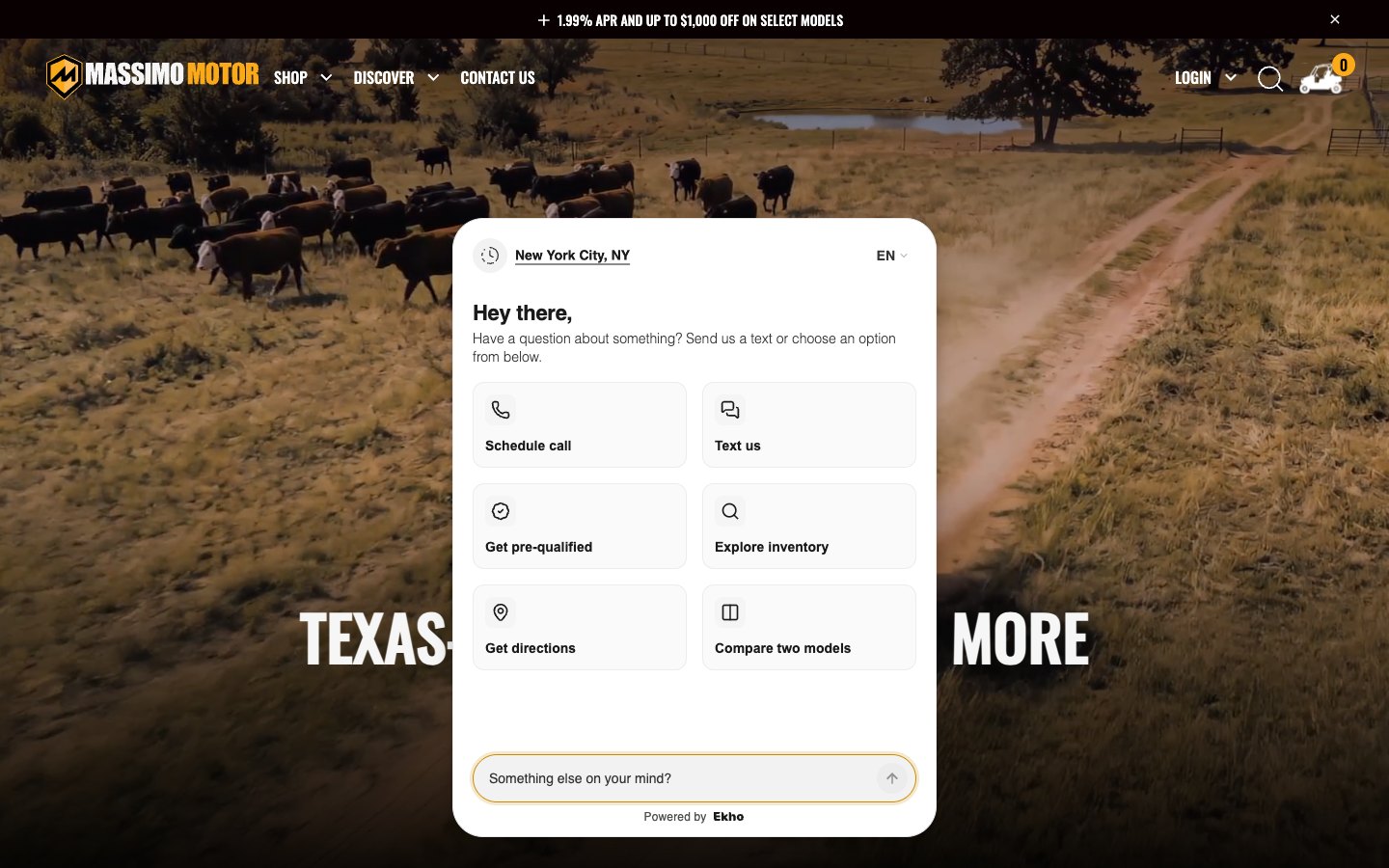 Massimo’s homepage with the Ekho AI Sales Agent open, showing one-tap actions