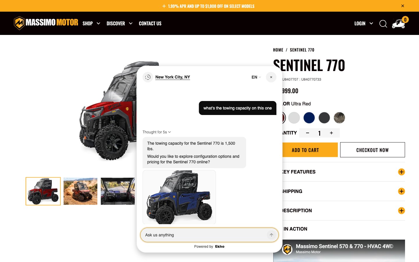 Massimo Sentinel 770 vehicle page with the AI Sales Agent answering a towing question with the model’s exact towing capacity and offering to open configuration and pricing