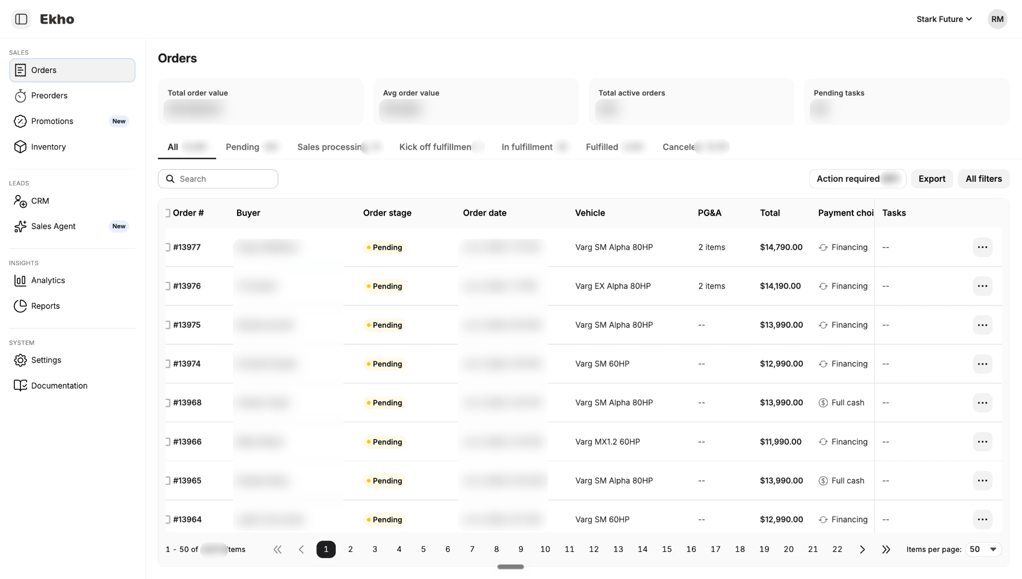 Stark Future orders dashboard in the Ekho Admin portal