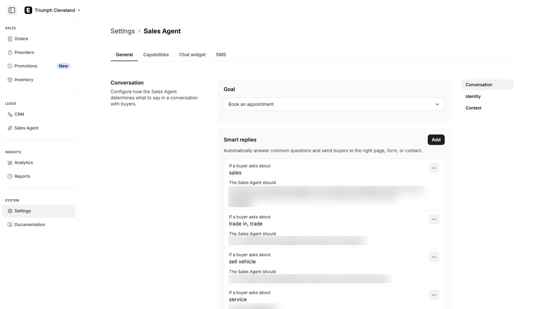 Smart Replies configured in Triumph Cleveland's Ekho AI Sales Agent settings, with response content blurred