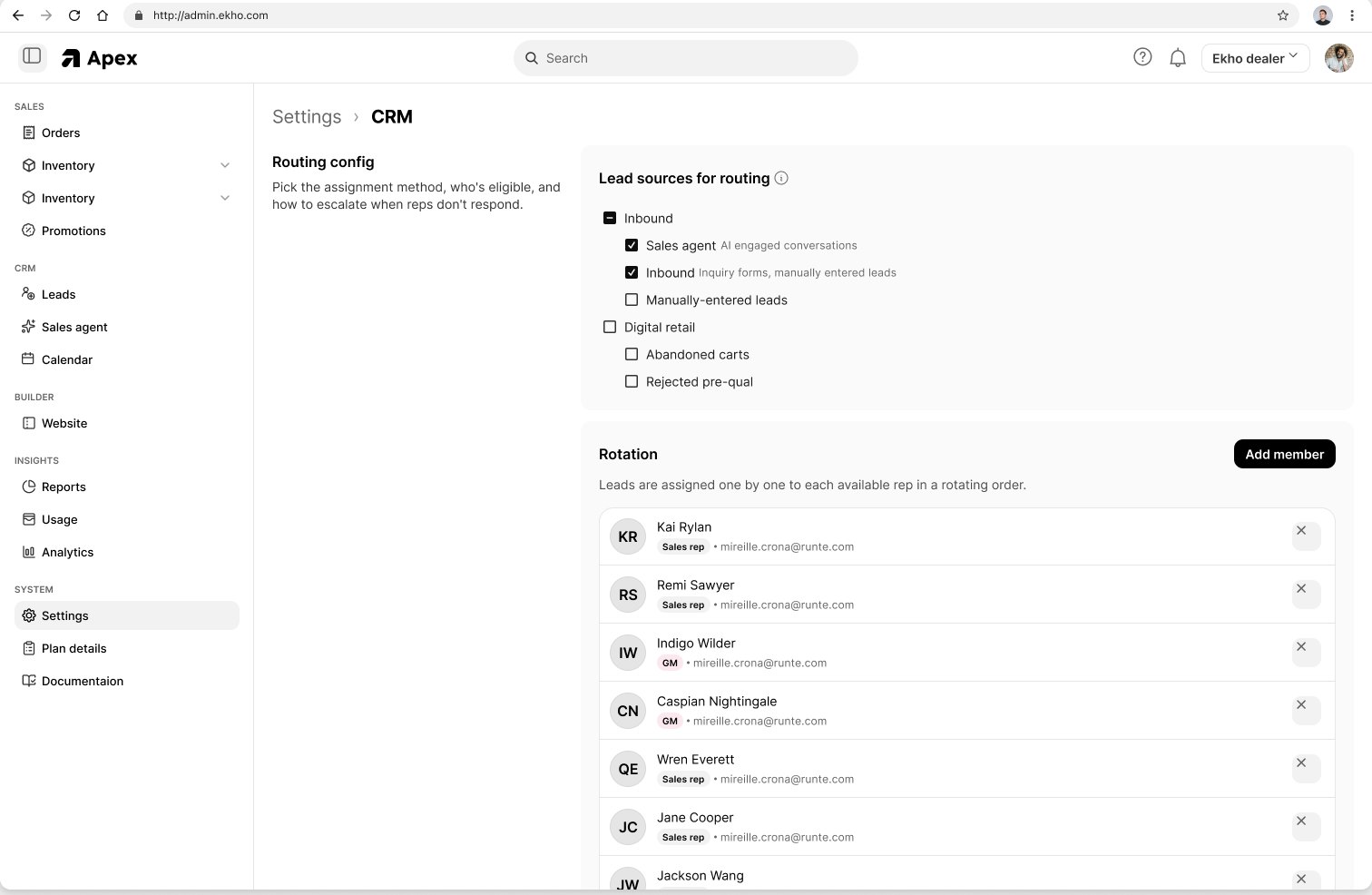 Routing configuration in the Admin Portal showing selectable lead sources above a rotation of sales reps