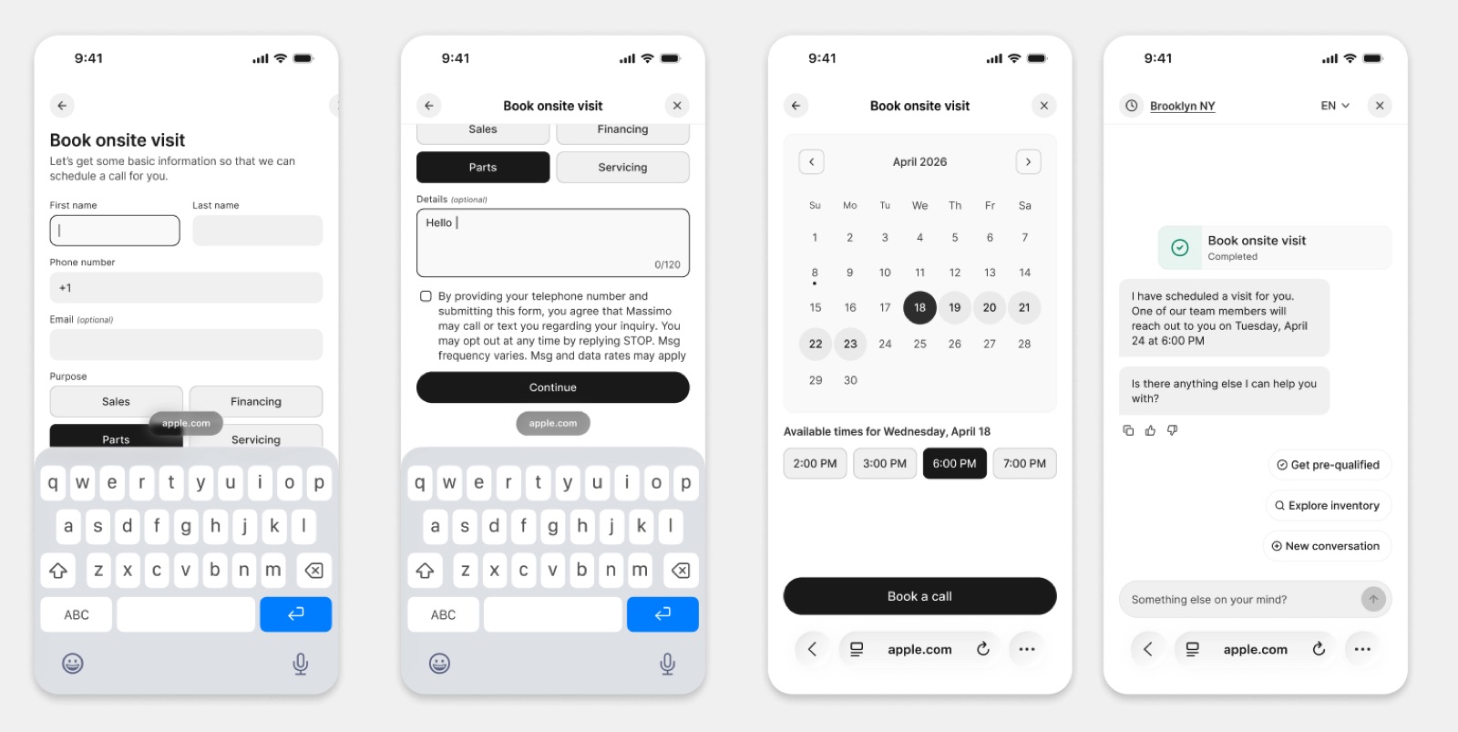 The redesigned widget flow: pick a department, share contact details, choose a time, and get confirmed
