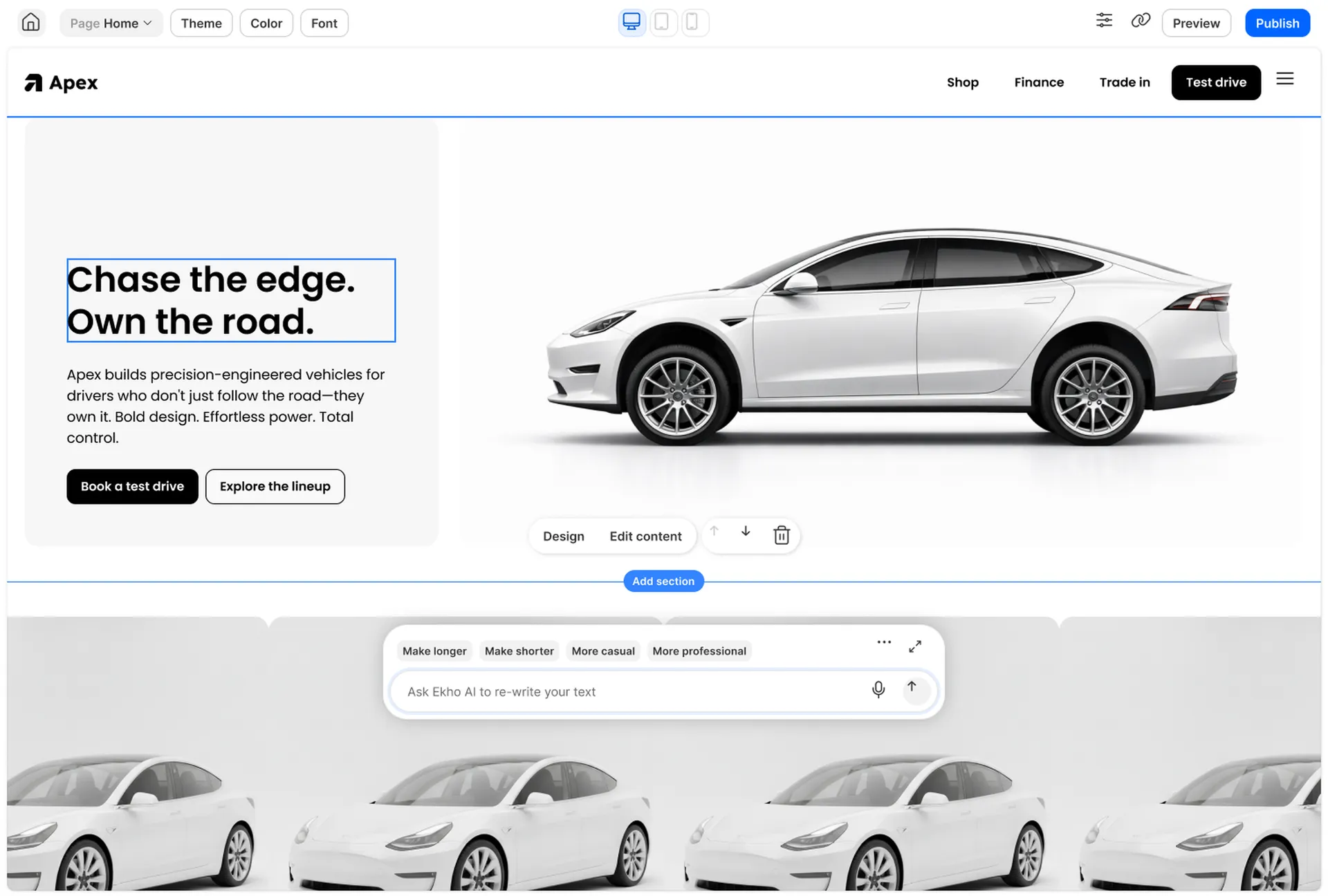 Ekho website builder interface