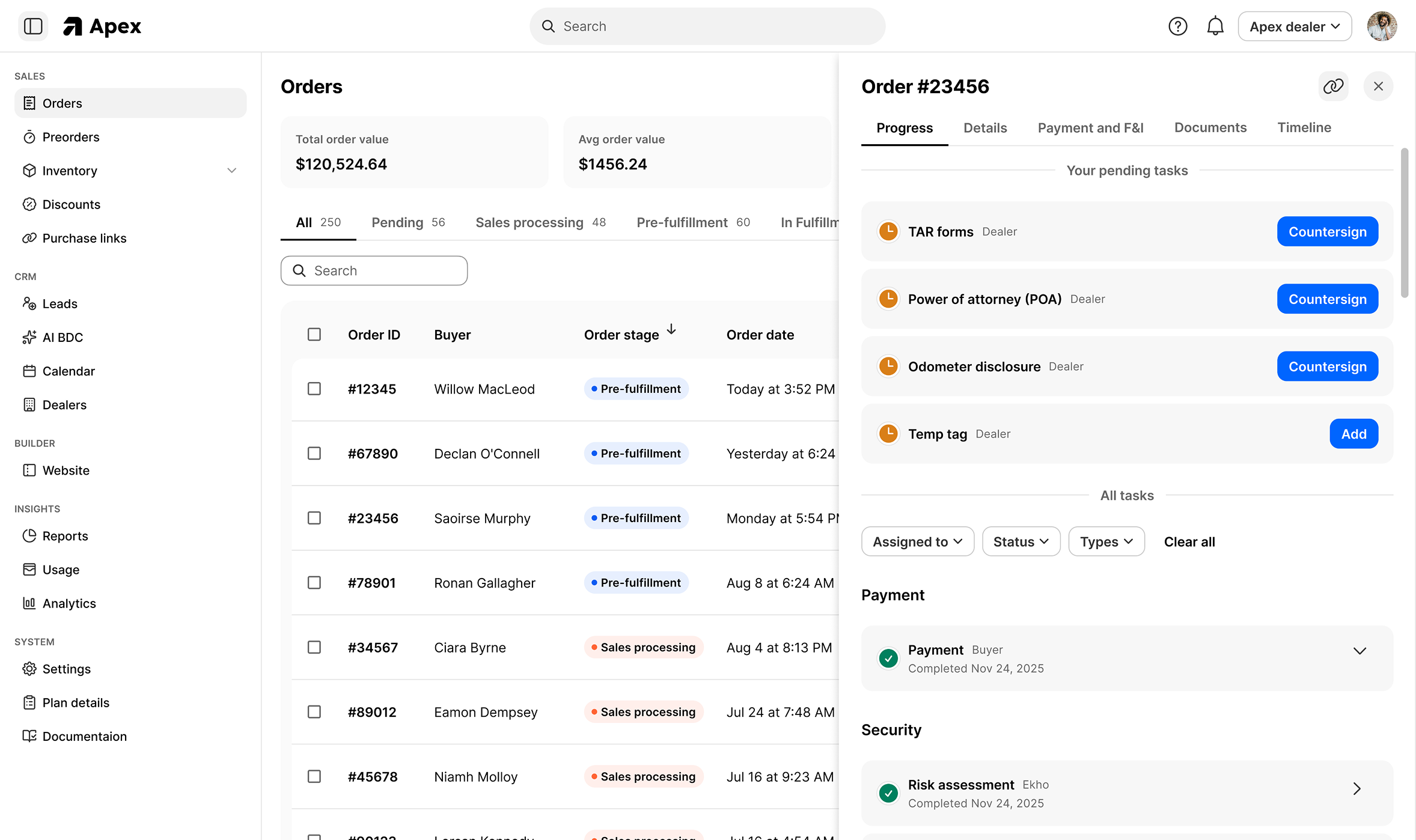 Ekho Transaction Engine admin portal showing order tracking and deal progress