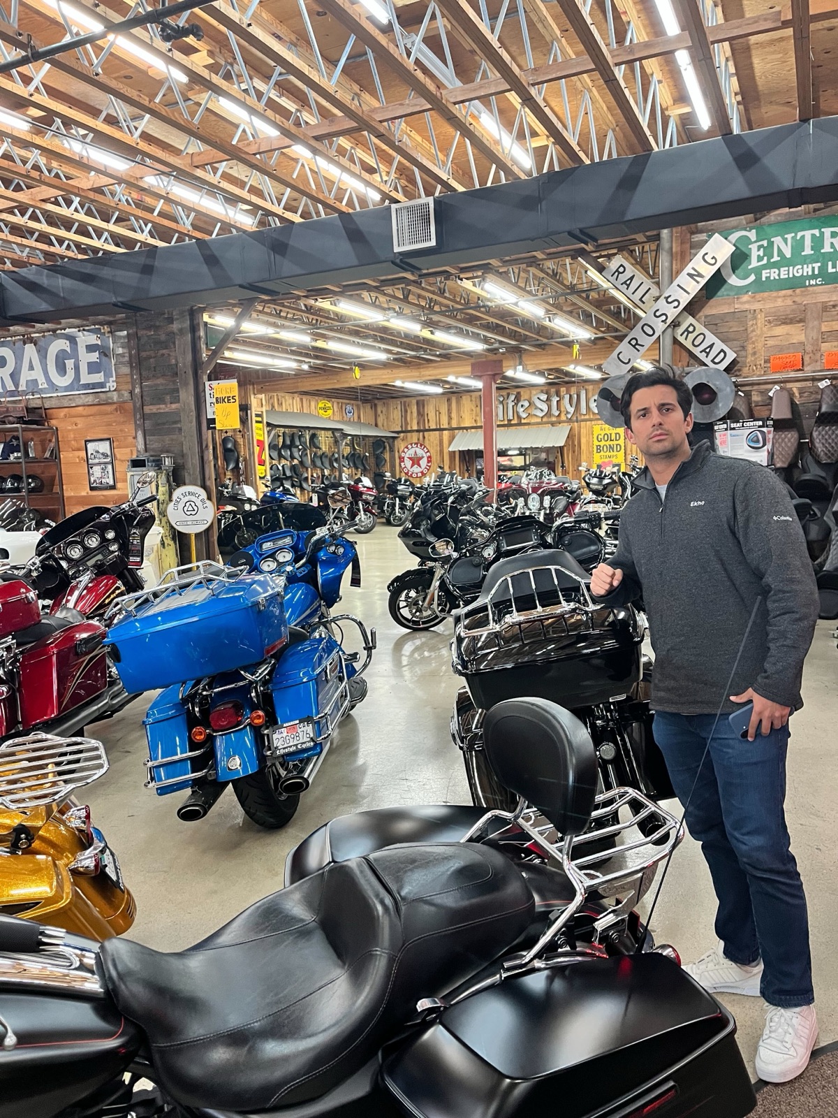 Brian visiting a Harley dealer showroom